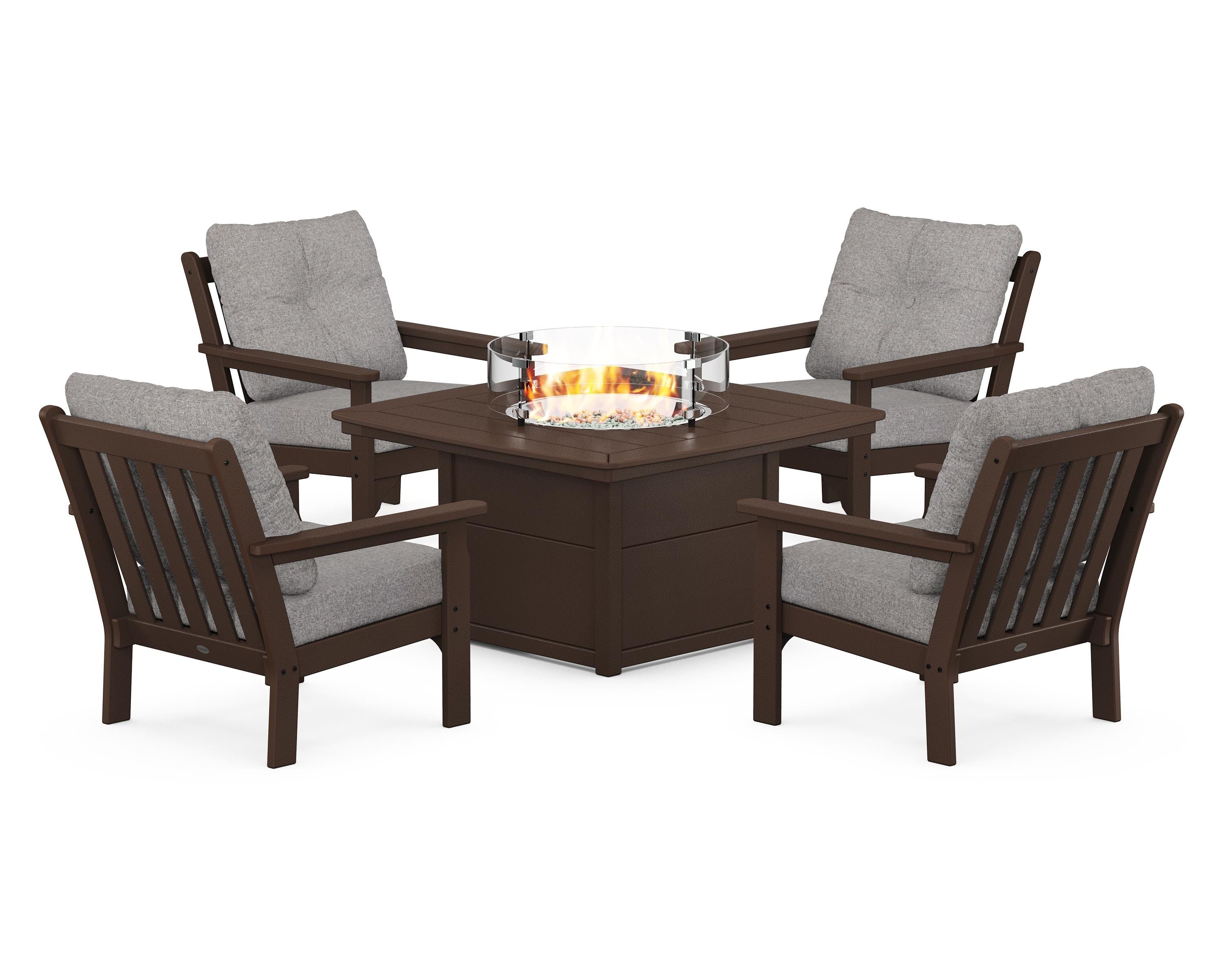 POLYWOOD® Vineyard 5-Piece Conversation Set with Fire Pit Table in Mahogany / Grey Mist