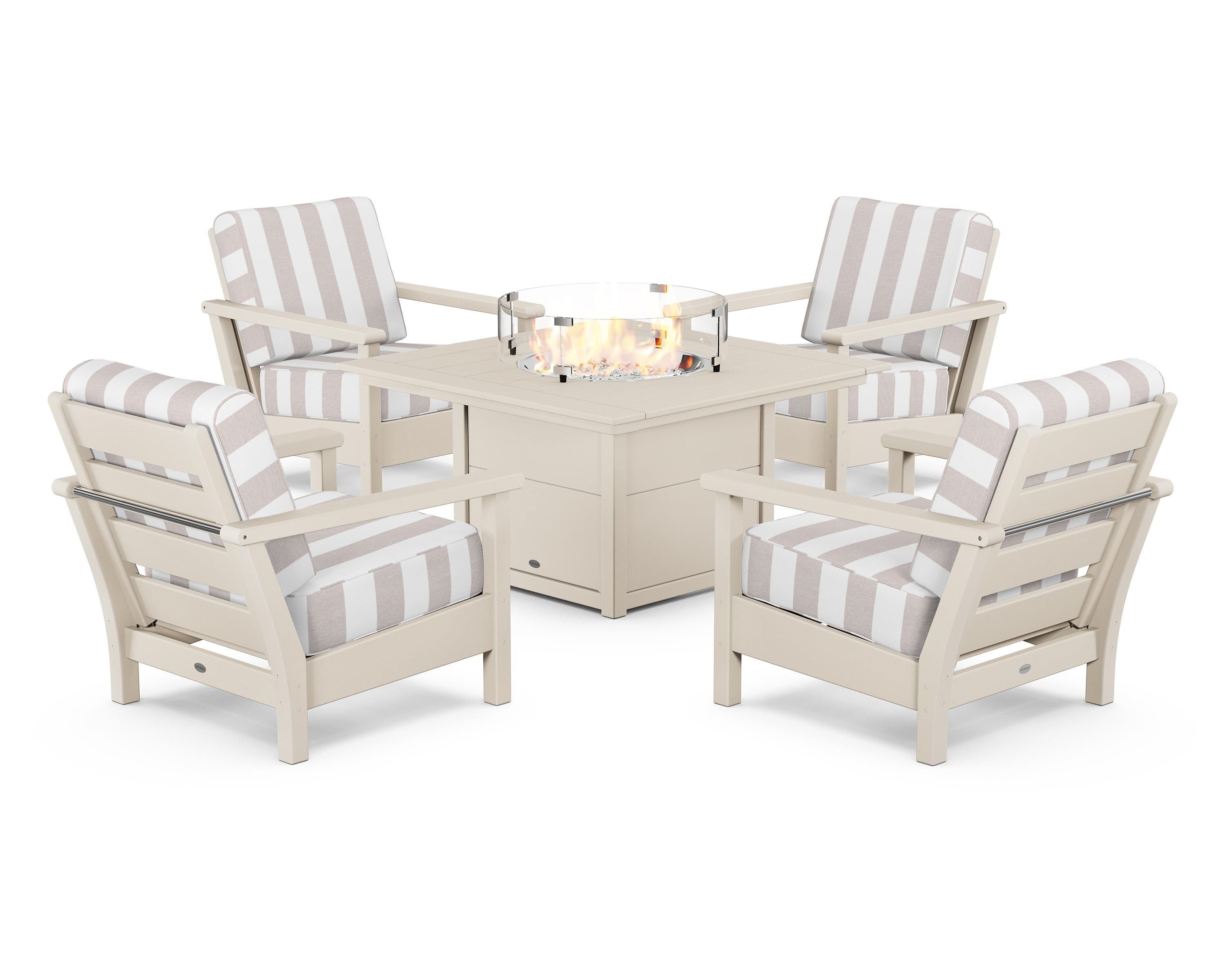 POLYWOOD® Harbour 5-Piece Conversation Set with Fire Pit Table in Sand / Cabana Stripe Dune Burlap