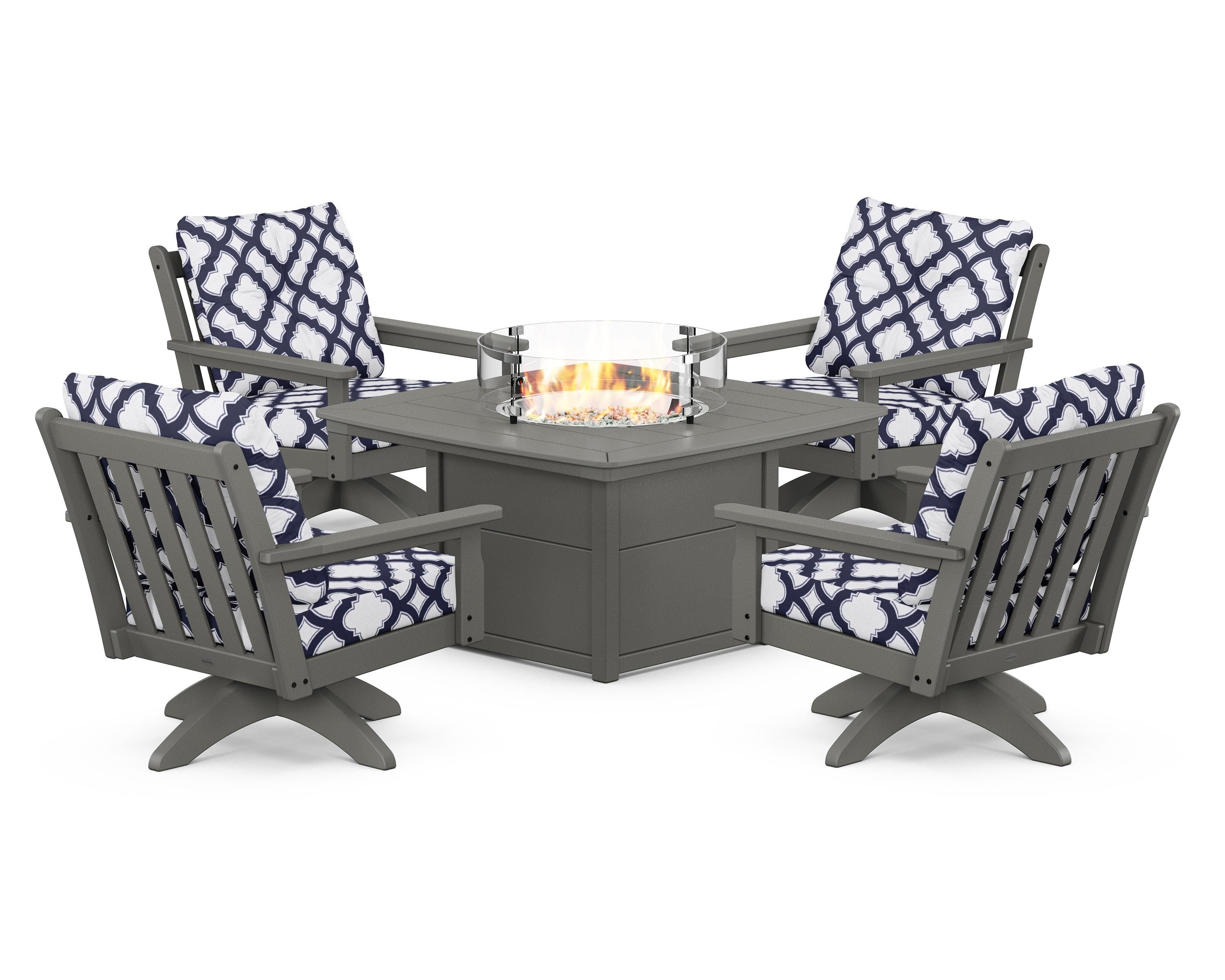 POLYWOOD® Vineyard 5-Piece Deep Seating Swivel Conversation Set with Fire Pit Table in Slate Grey / Trellis Navy