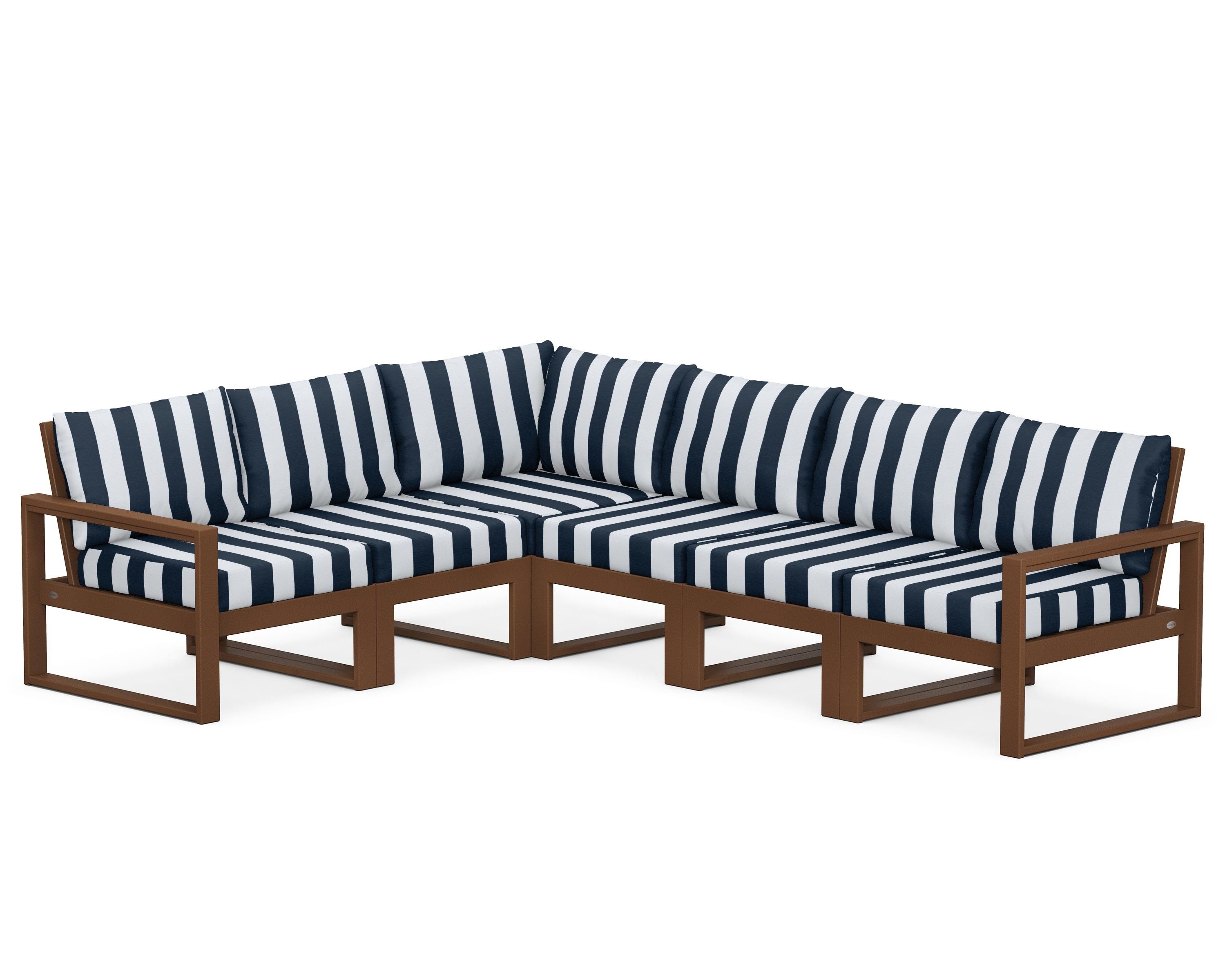 POLYWOOD® EDGE 6-Piece Modular Deep Seating Set in Teak / Cabana Stripe Marine Indigo