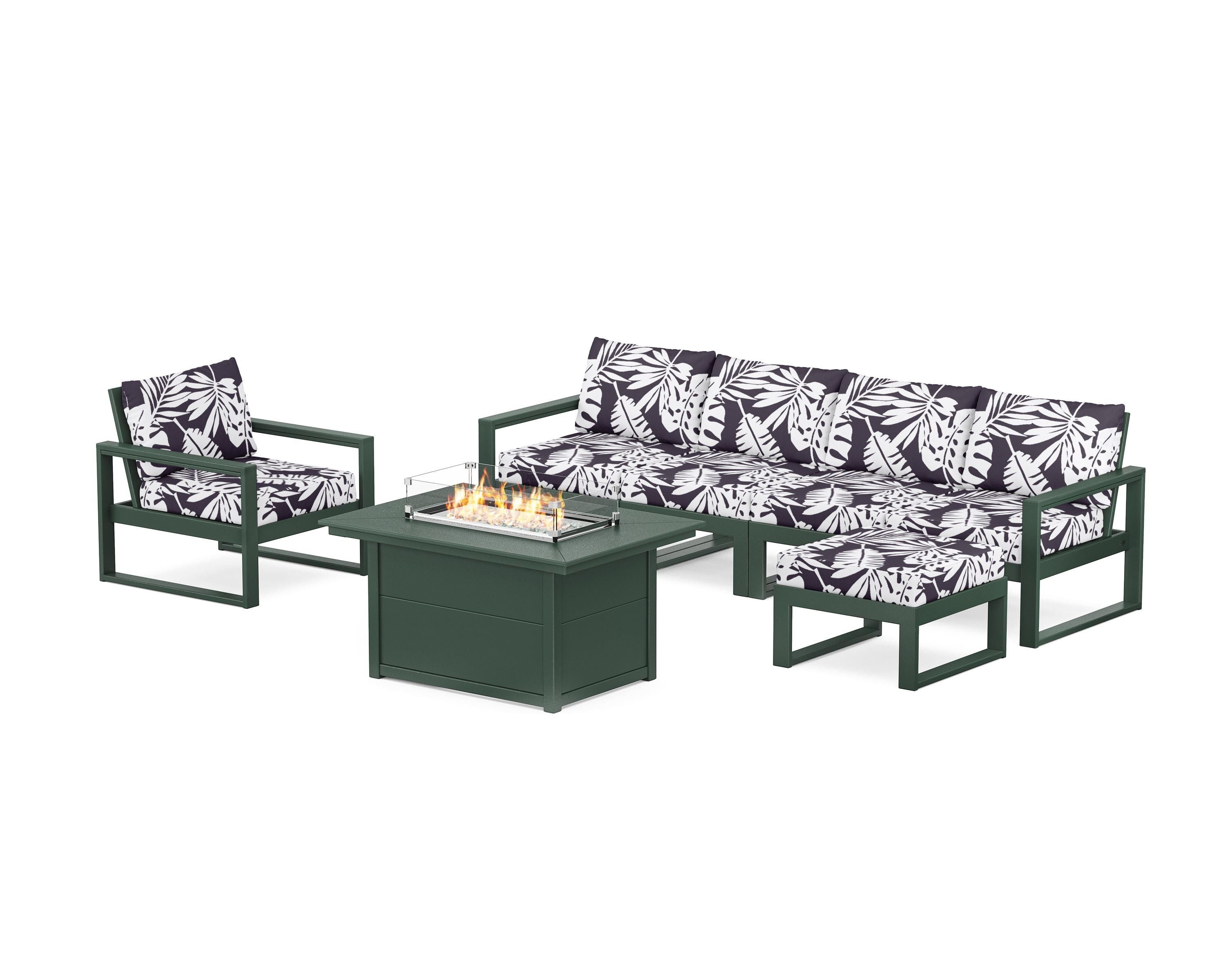 POLYWOOD® EDGE Sectional Lounge and Fire Pit Set in Green / Leaf Navy