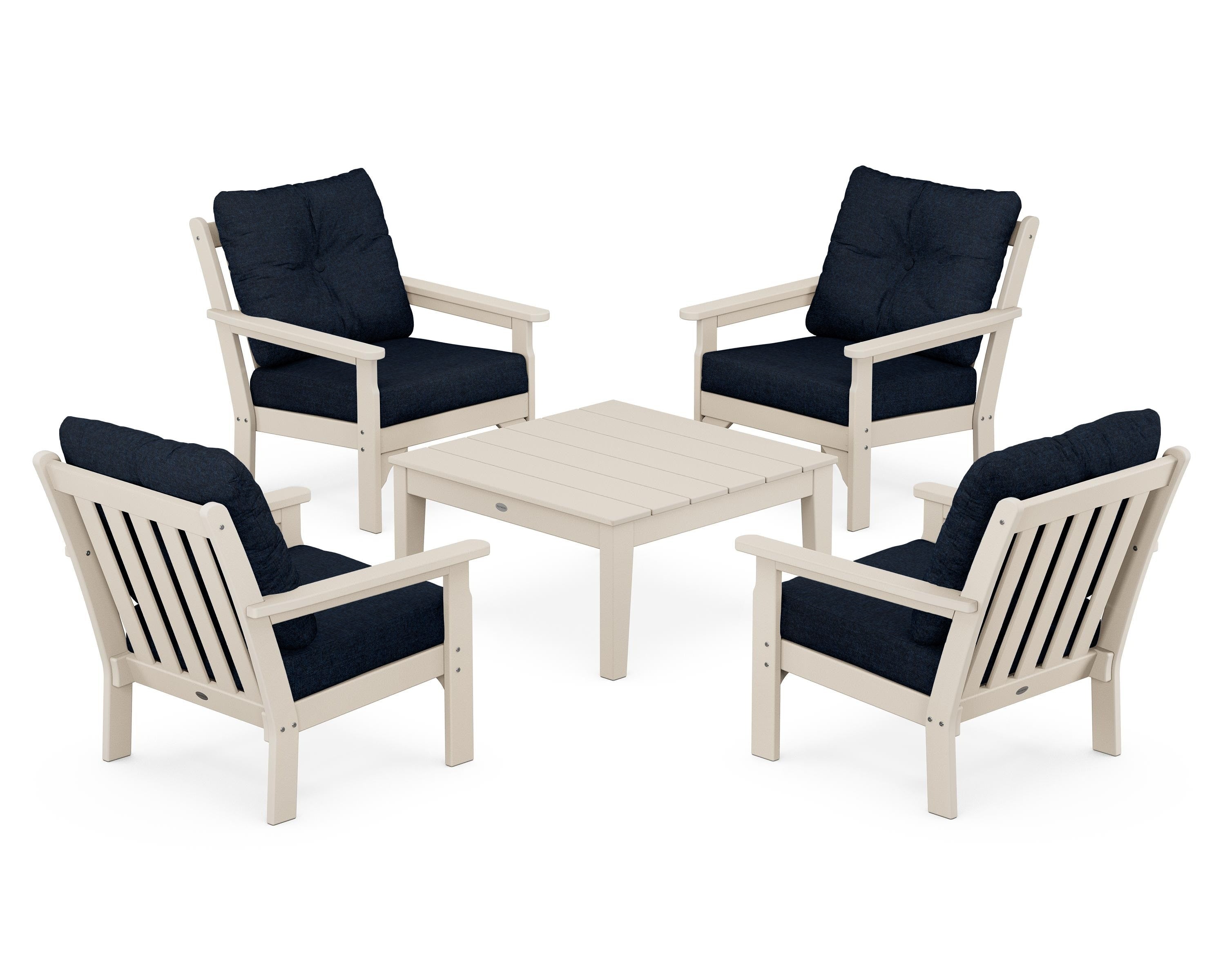POLYWOOD® Vineyard 5-Piece Deep Seating Conversation Set in Sand / Marine Indigo