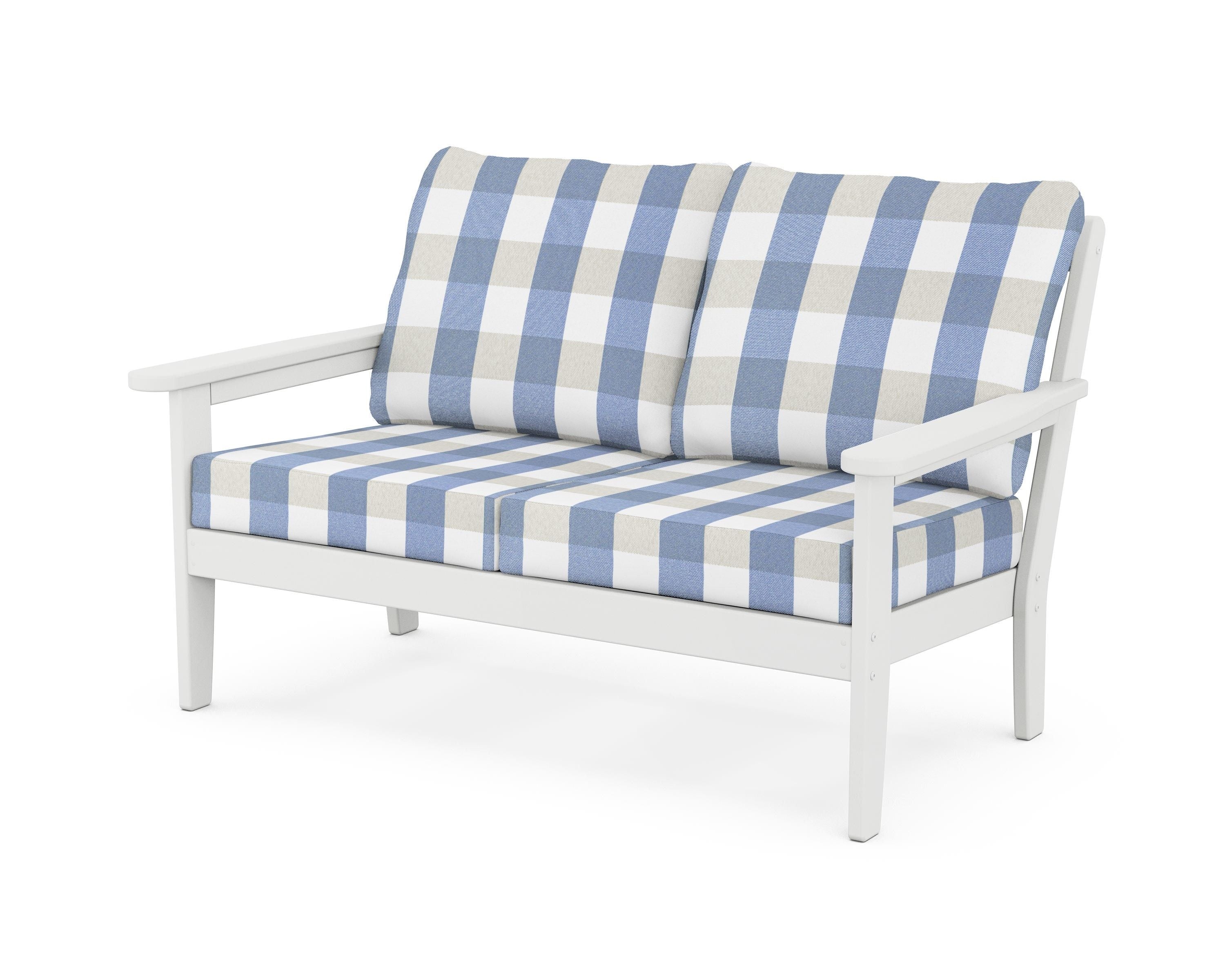 Country Living Cottage Deep Seating Loveseat in White / Buffalo Plaid Sky Blue