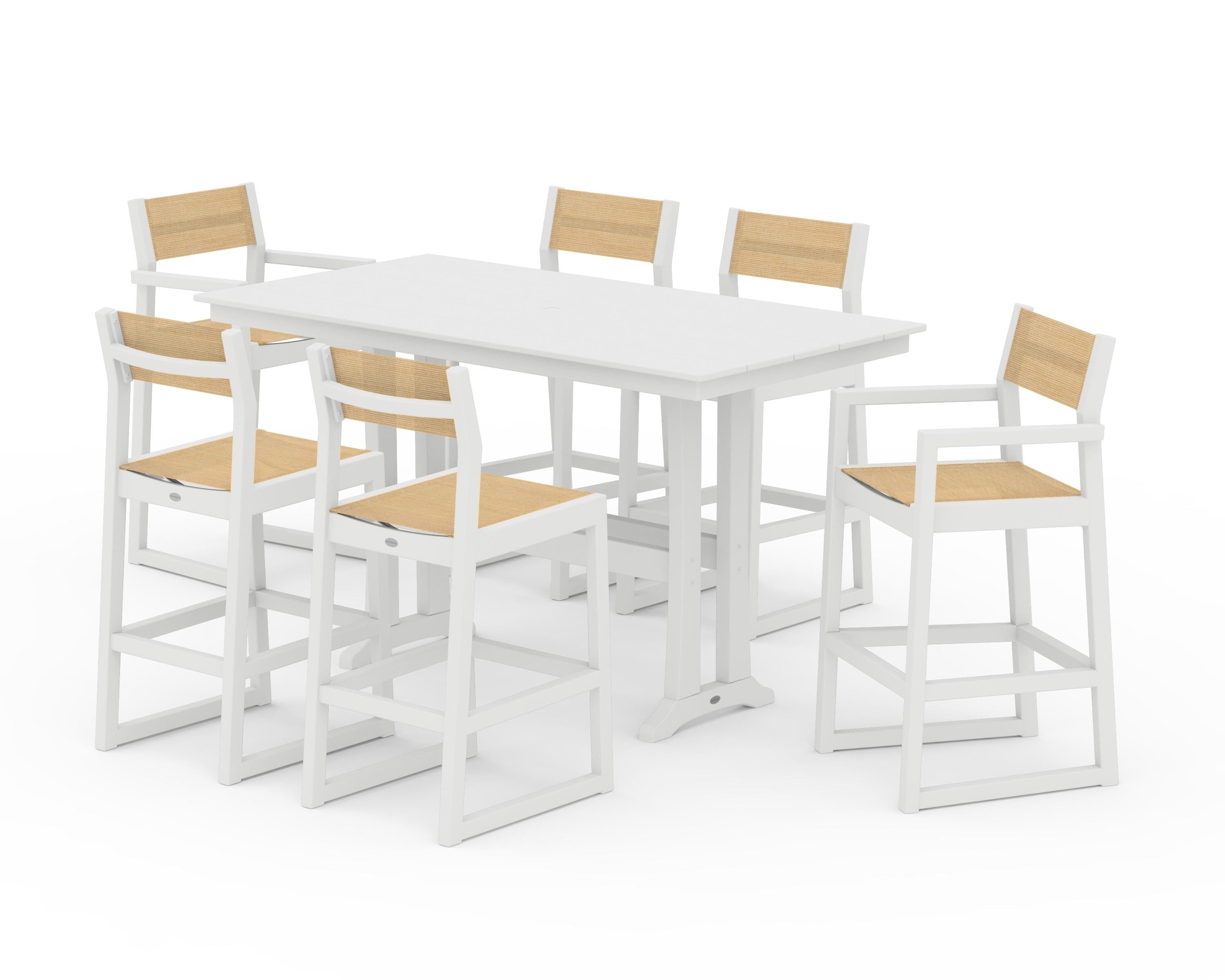 POLYWOOD® EDGE Sling 7-Piece Farmhouse Bar Set with Trestle Legs in White / Dupioni Apricot Sling