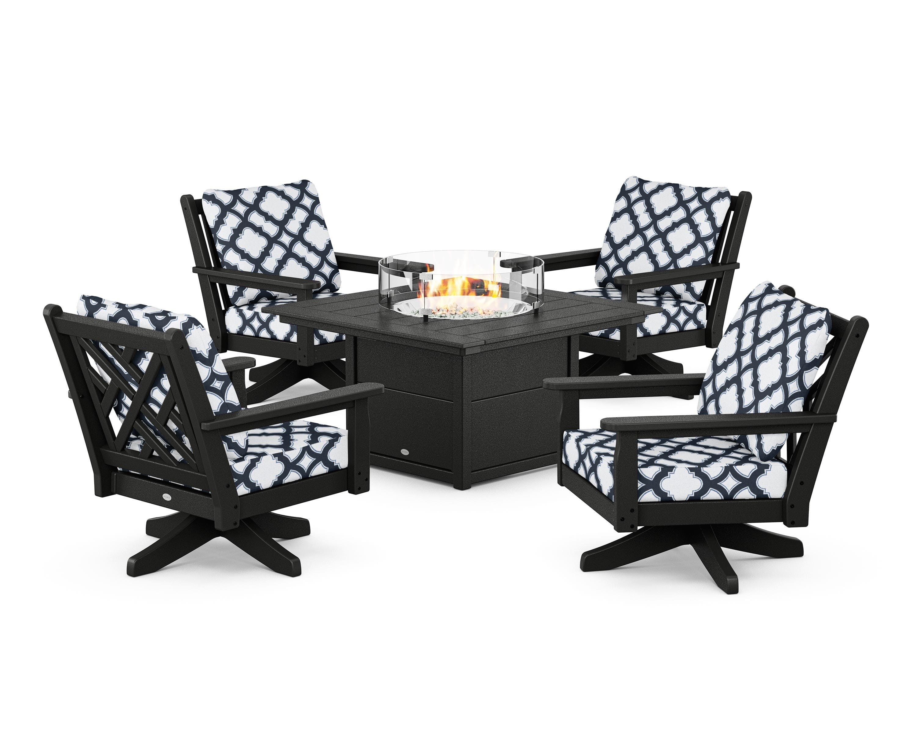 POLYWOOD® Chippendale 5-Piece Deep Seating Swivel Conversation Set with Fire Pit Table in Black / Trellis Marine Indigo