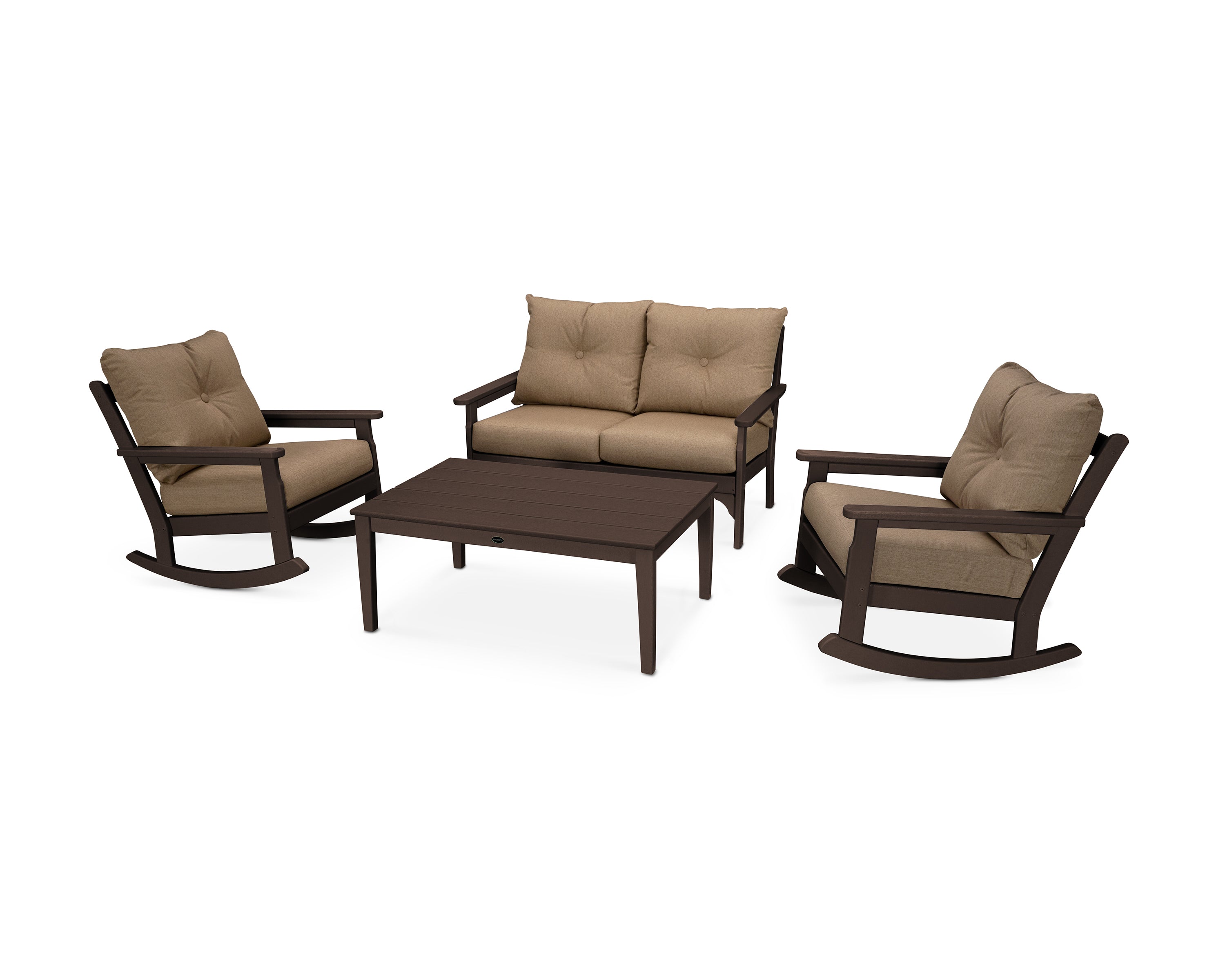 POLYWOOD® Vineyard 4-Piece Deep Seating Rocking Chair Set in Mahogany / Sesame