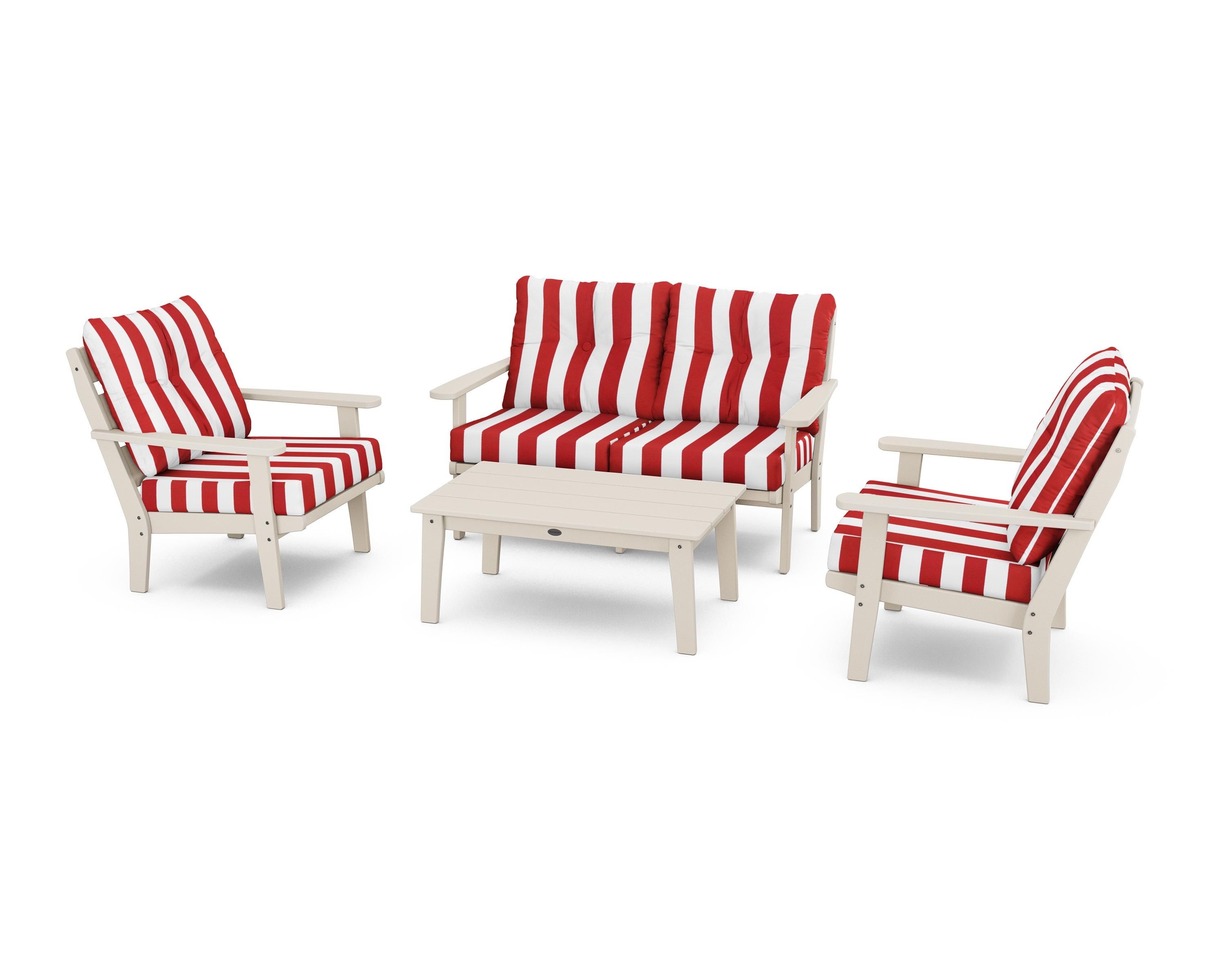 POLYWOOD® Lakeside 4-Piece Deep Seating Set in Sand / Cabana Stripe Crimson