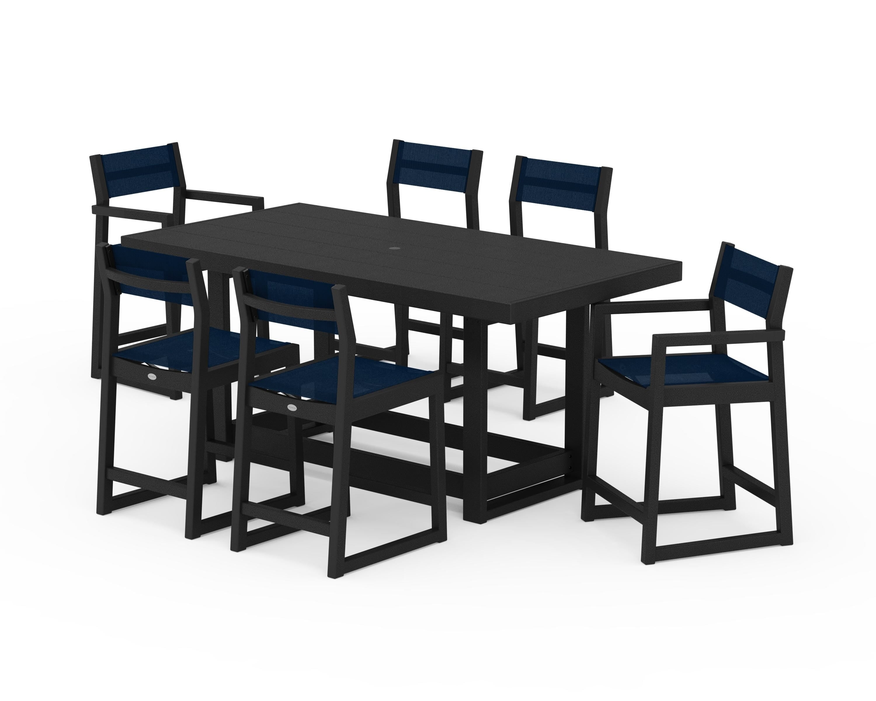 POLYWOOD® EDGE Sling 7-Piece Counter Table Set in Black / Navy Blue Sling