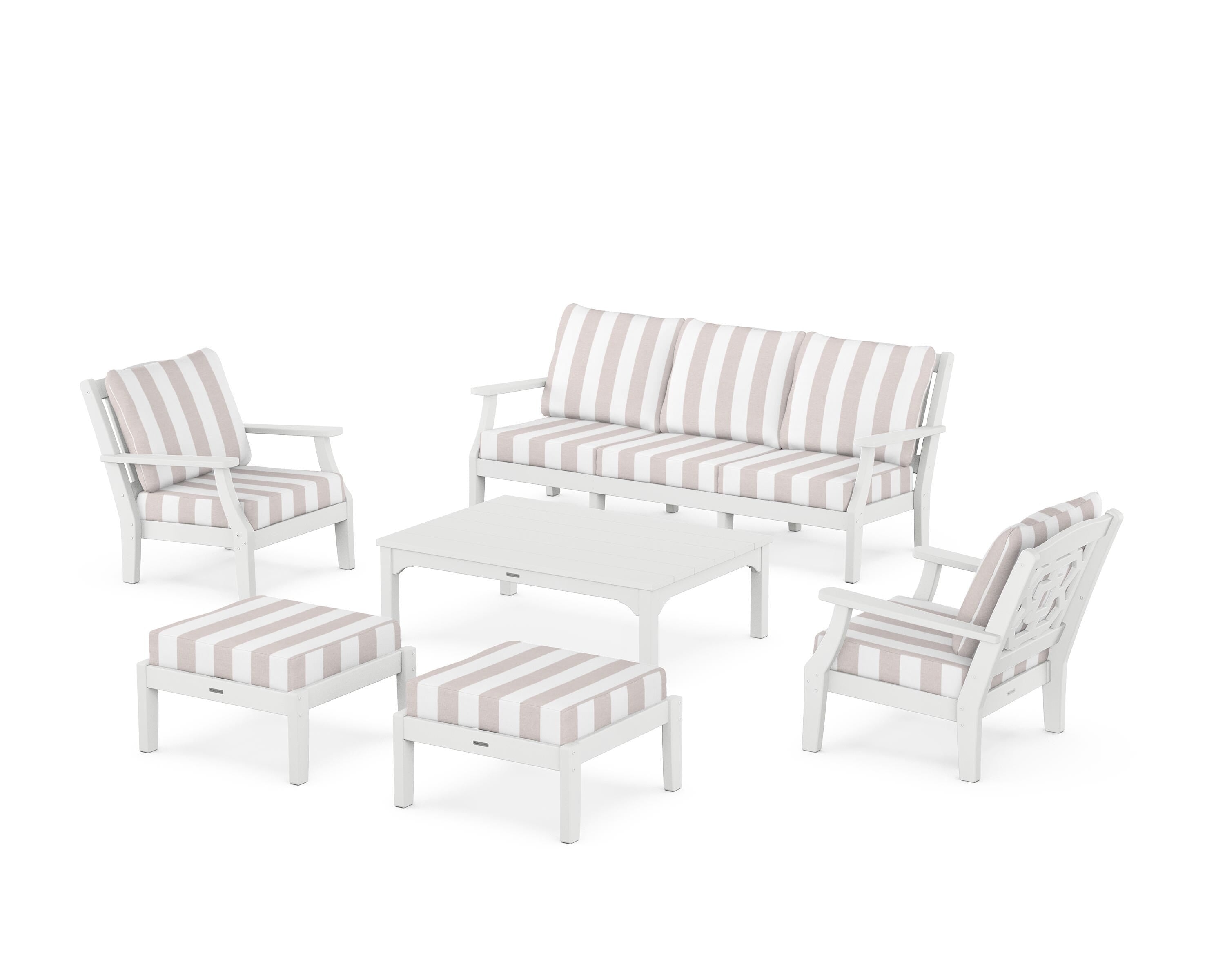 Martha Stewart by POLYWOOD® Chinoiserie 6-Piece Lounge Sofa Set in White / Cabana Stripe Dune Burlap