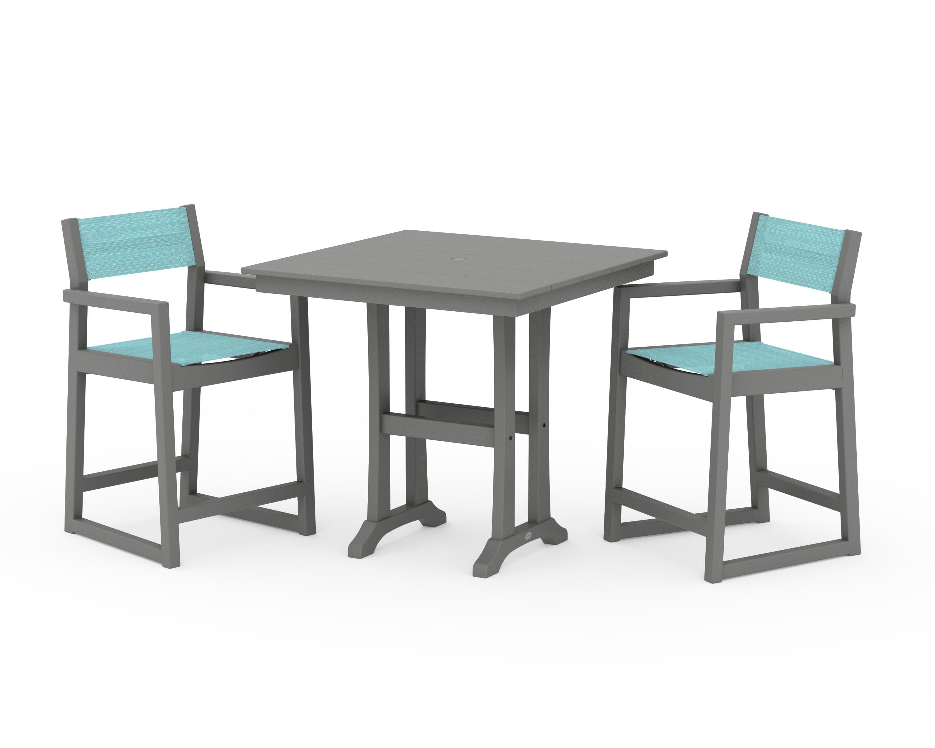 POLYWOOD® EDGE Sling Arm Chair 3-Piece Farmhouse Counter Set with Trestle Legs in Slate Grey / Dupioni Aquamarine Sling