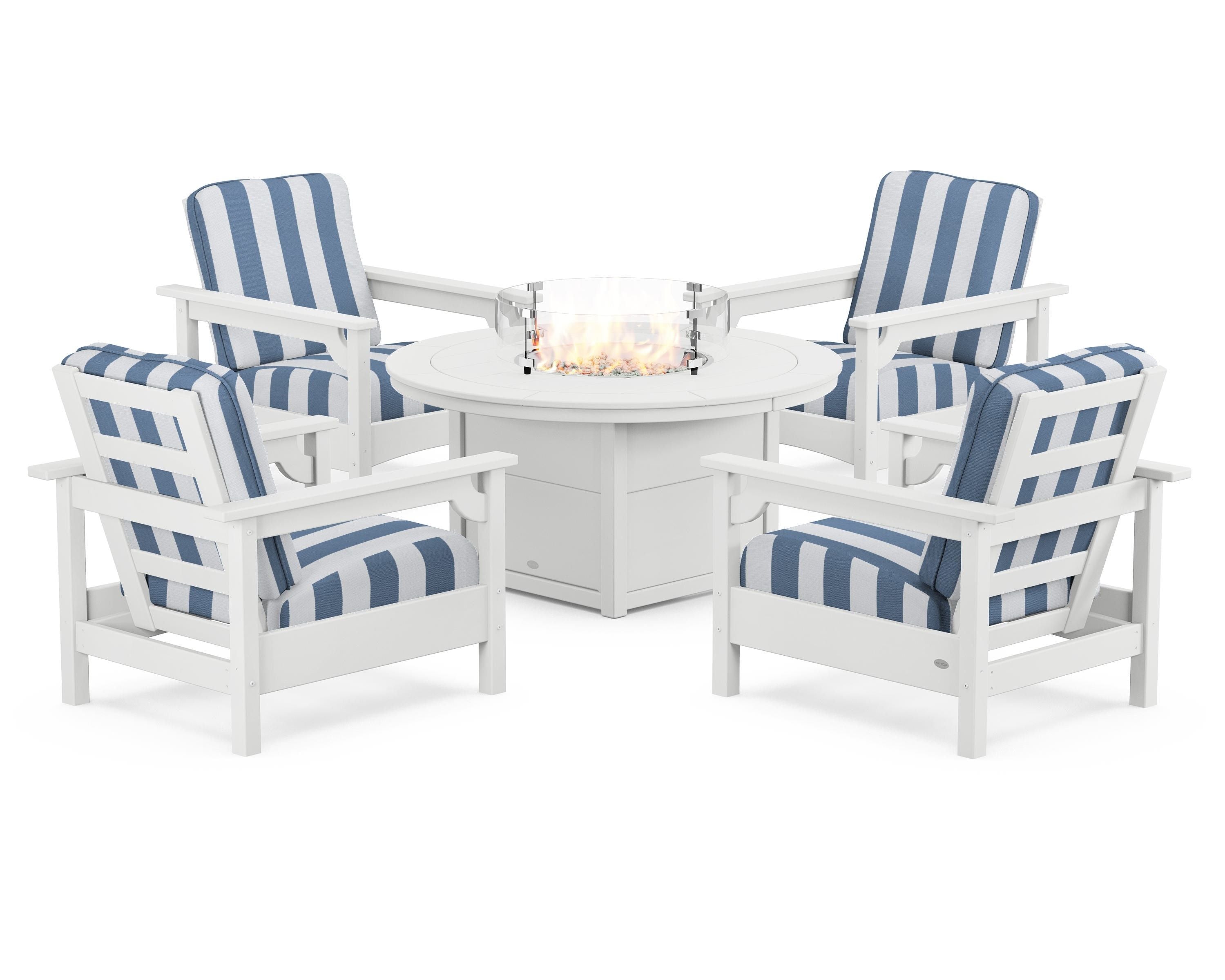 POLYWOOD® Club 5-Piece Conversation Set with Fire Pit Table in White / Cabana Stripe Sky Blue