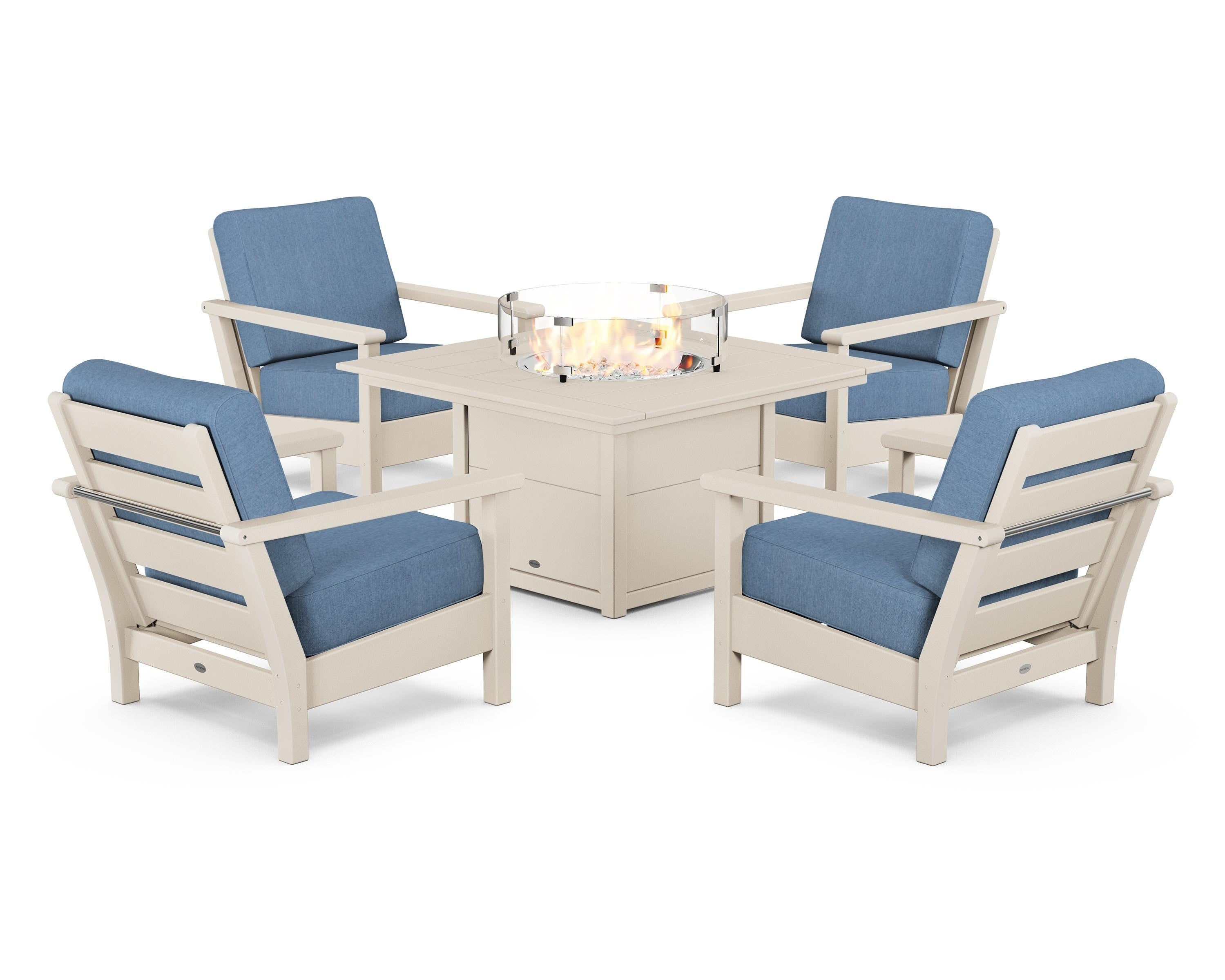 POLYWOOD® Harbour 5-Piece Conversation Set with Fire Pit Table in Sand / Sky Blue