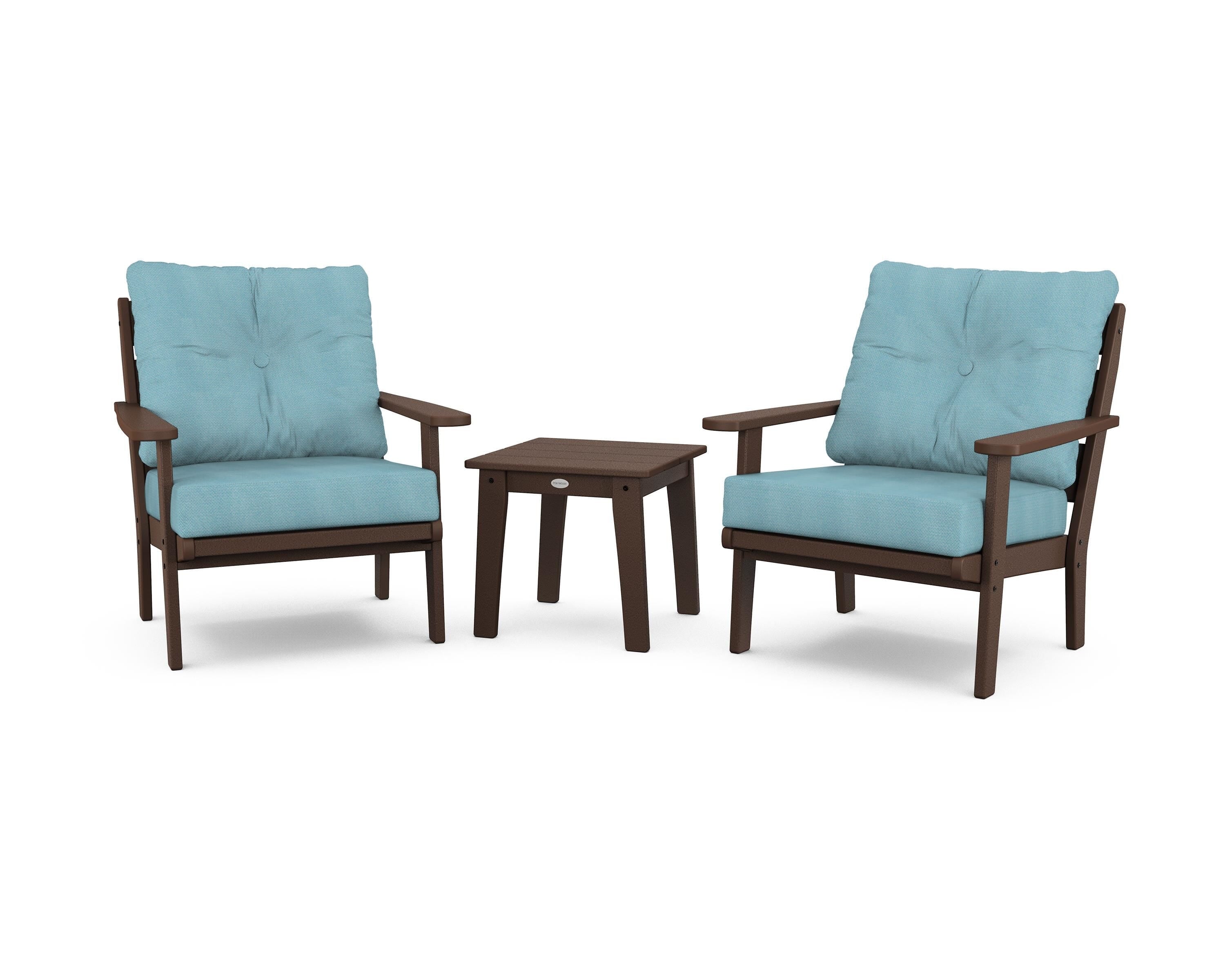 POLYWOOD® Lakeside 3-Piece Deep Seating Chair Set in Mahogany / Lattice Sky Blue