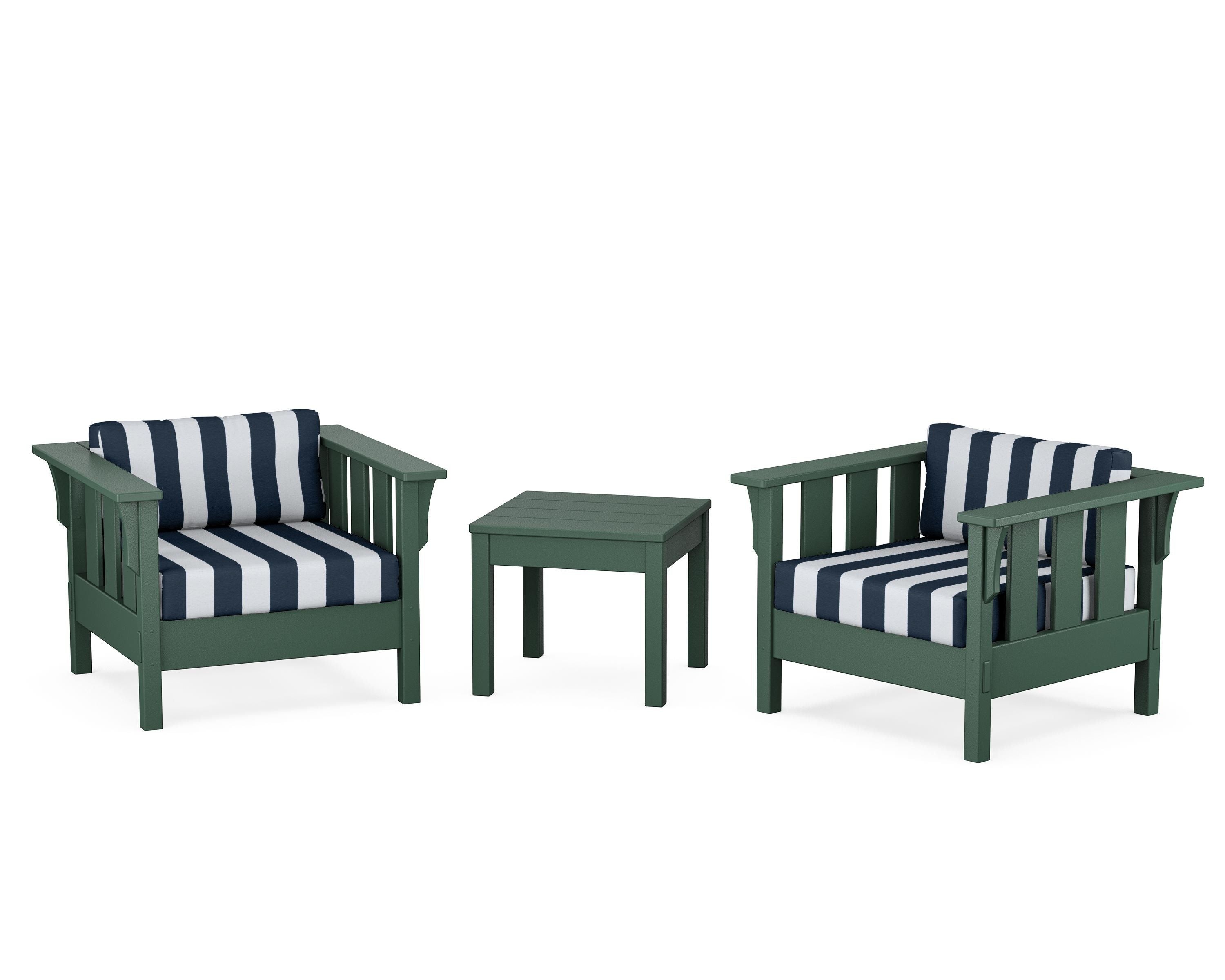 Martha Stewart by POLYWOOD® Acadia 3-Piece Deep Seating Set in Green / Cabana Stripe Marine Indigo