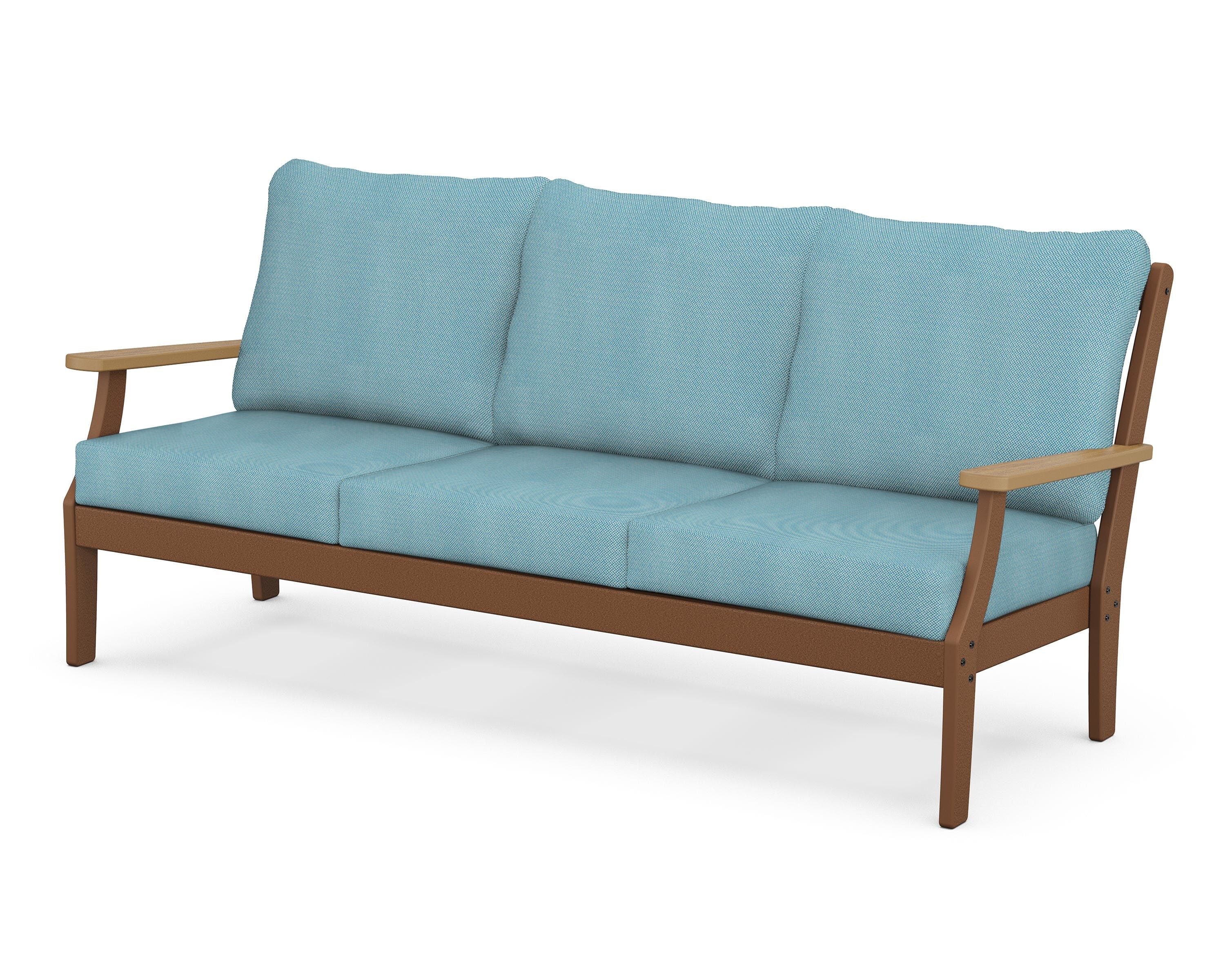 POLYWOOD® Braxton Deep Seating Sofa in Teak / Natural / Lattice Sky Blue