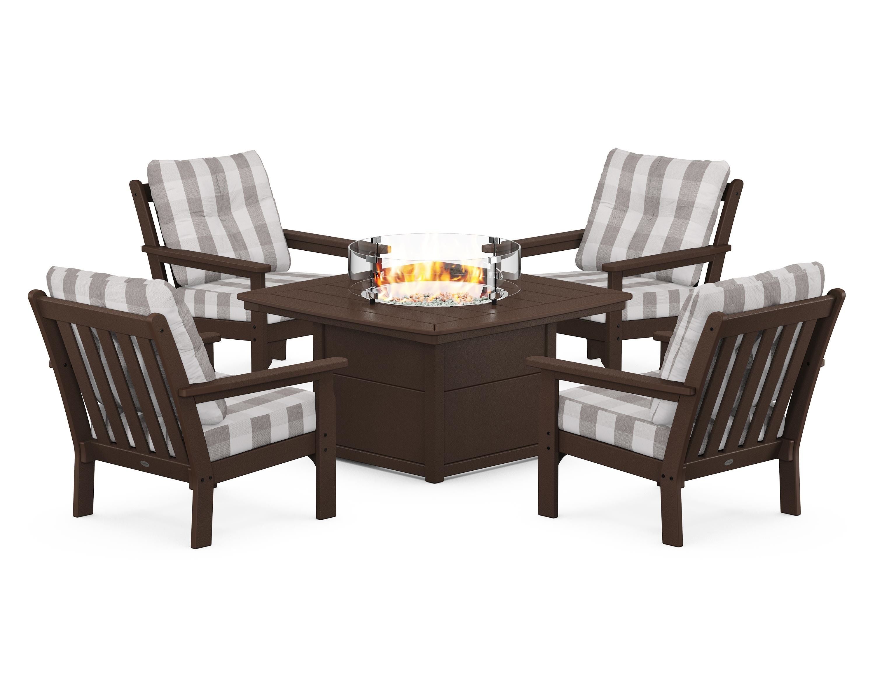 POLYWOOD® Vineyard 5-Piece Conversation Set with Fire Pit Table in Mahogany / Buffalo Plaid Grey Mist