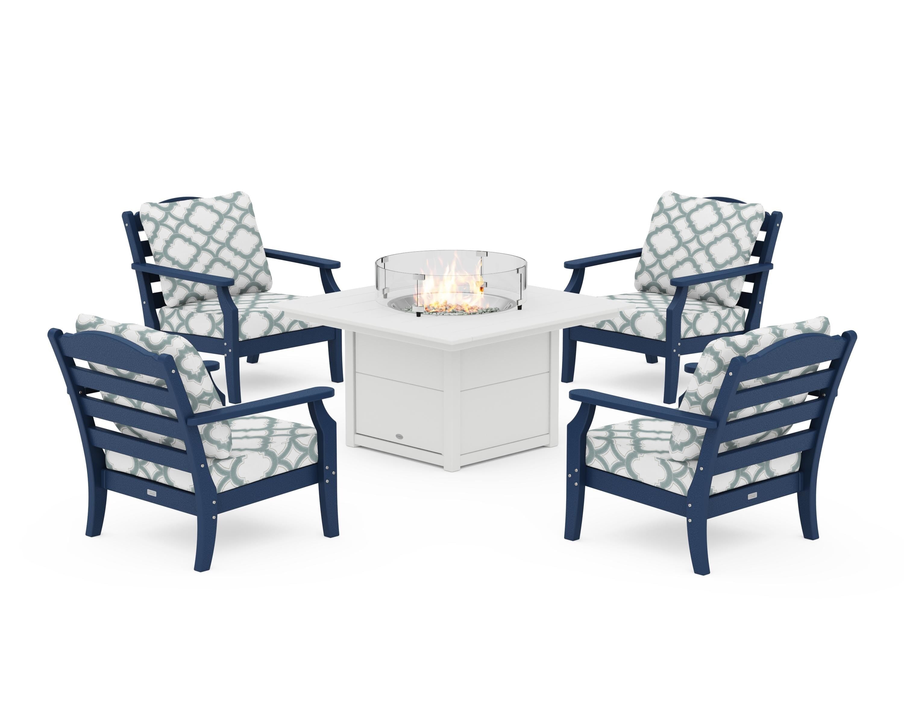 Draper James™ by POLYWOOD® Savannah 5-Piece Deep Seating Set with Fire Pit Table in Navy / Trellis Glacier Spa