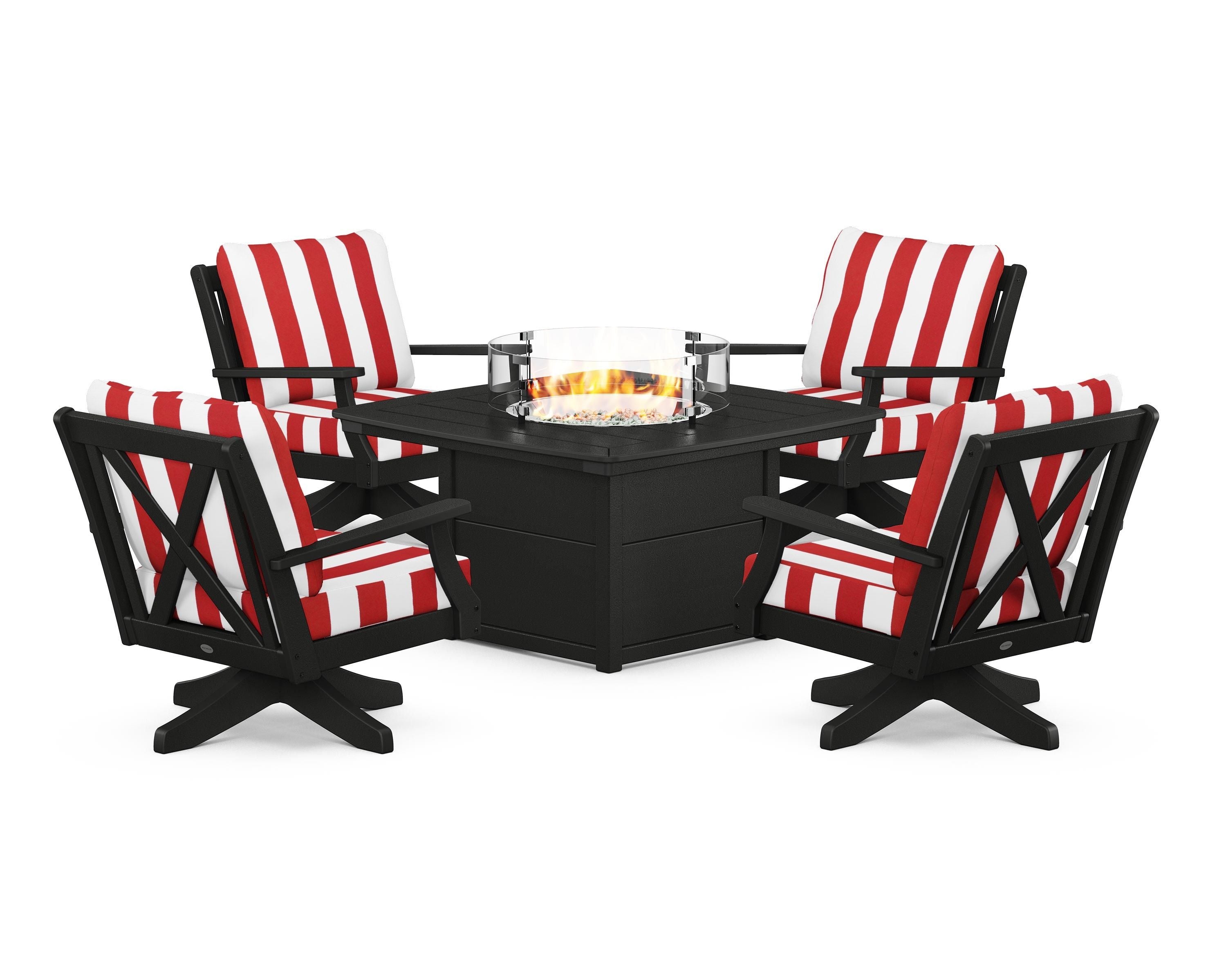 POLYWOOD® Braxton 5-Piece Deep Seating Swivel Conversation Set with Fire Pit Table in Black / Cabana Stripe Crimson