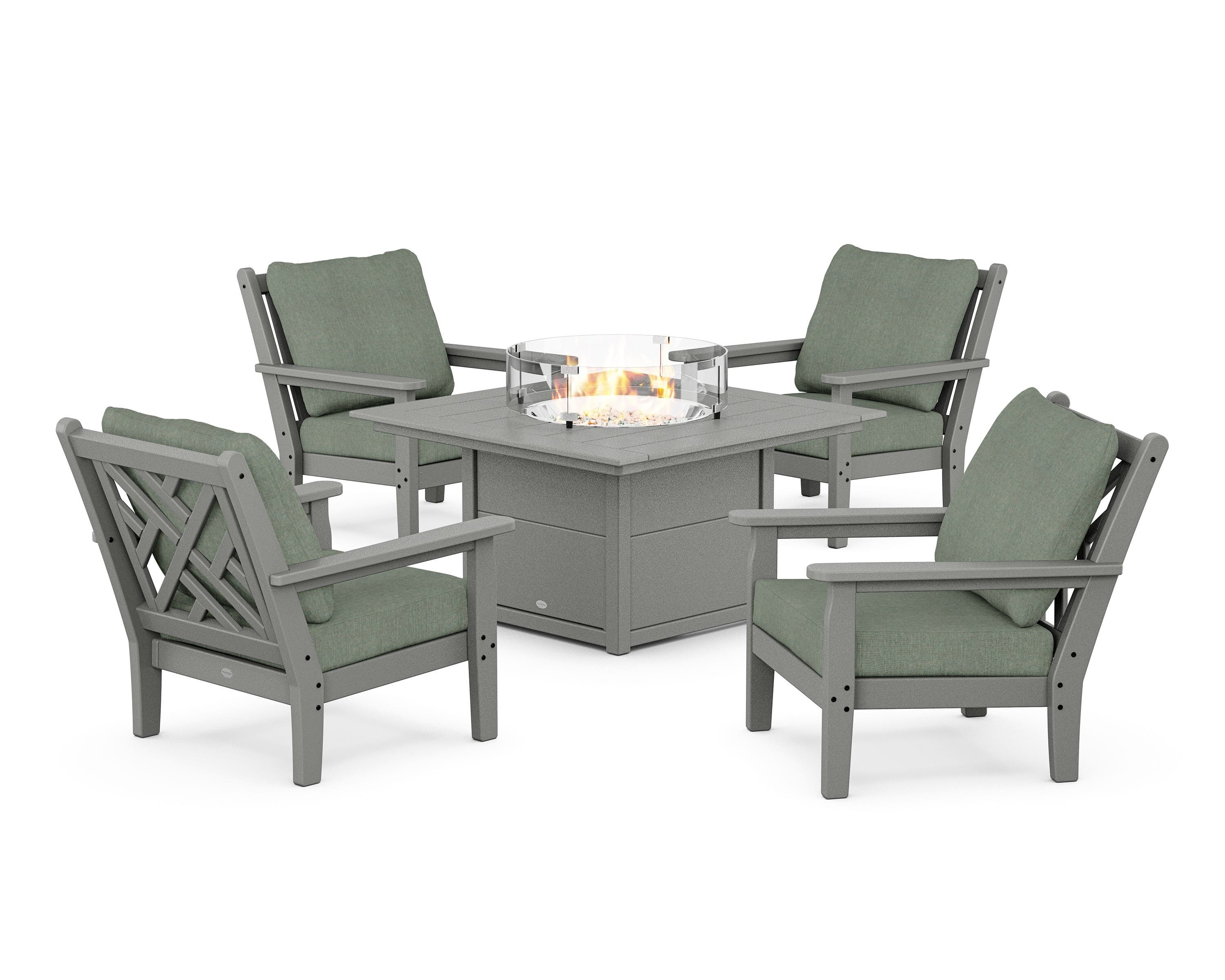 POLYWOOD® Chippendale 5-Piece Deep Seating Set with Fire Pit Table in Slate Grey / Cast Sage
