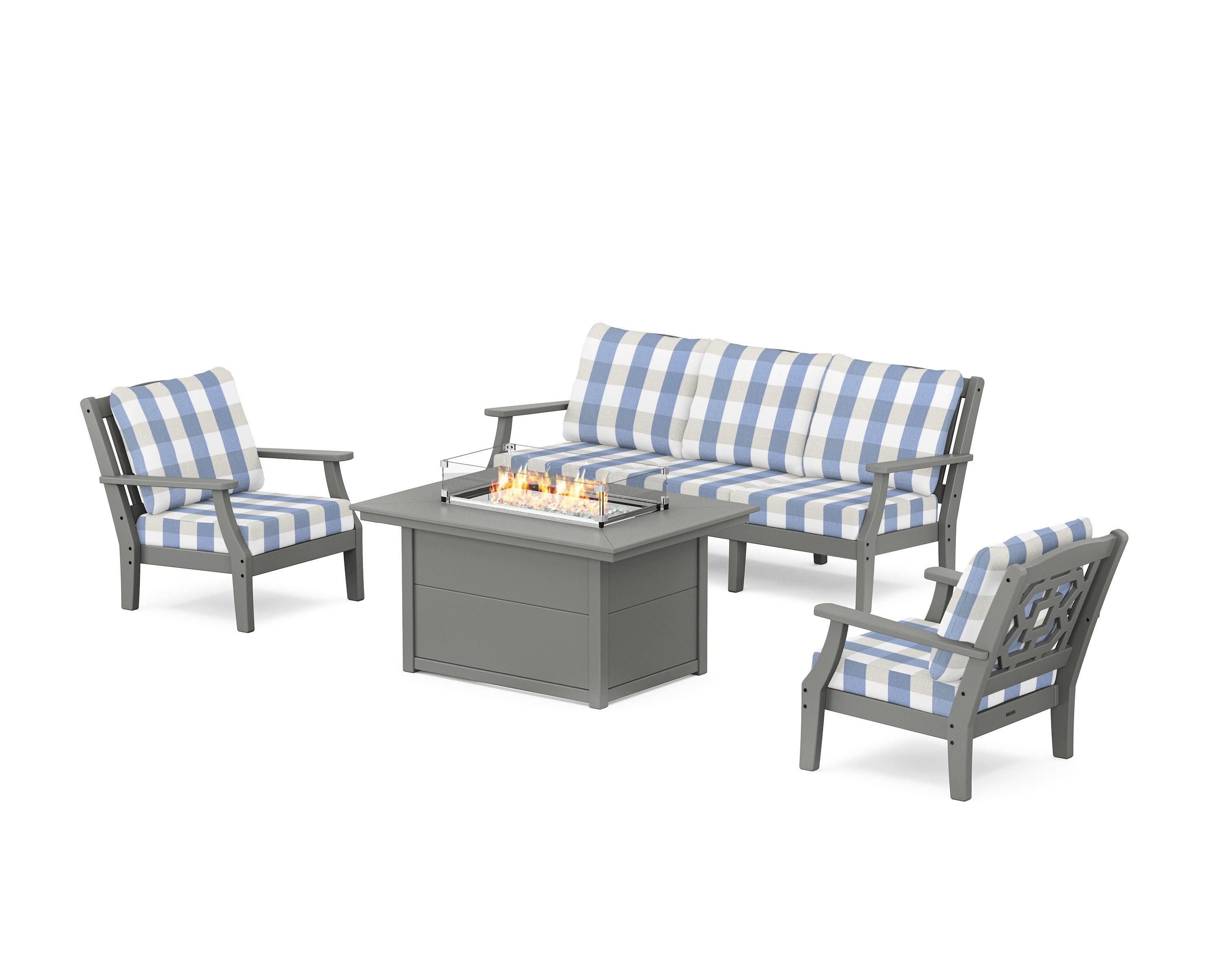 Martha Stewart by POLYWOOD® Chinoiserie Deep Seating Fire Pit Table Set in Slate Grey / Buffalo Plaid Sky Blue