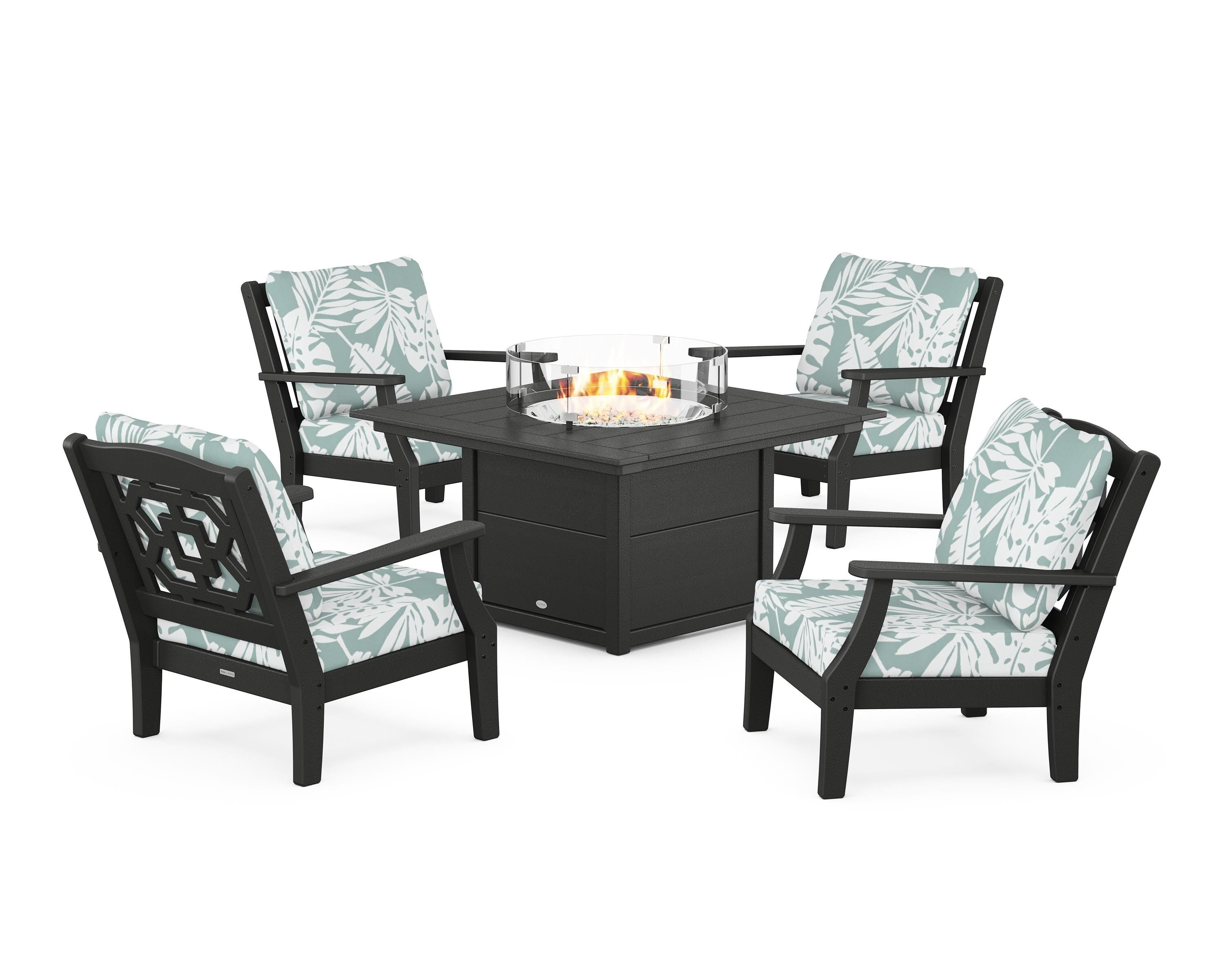Martha Stewart by POLYWOOD® Chinoiserie 5-Piece Deep Seating Set with Fire Pit Table in Black / Leaf Glacier Spa