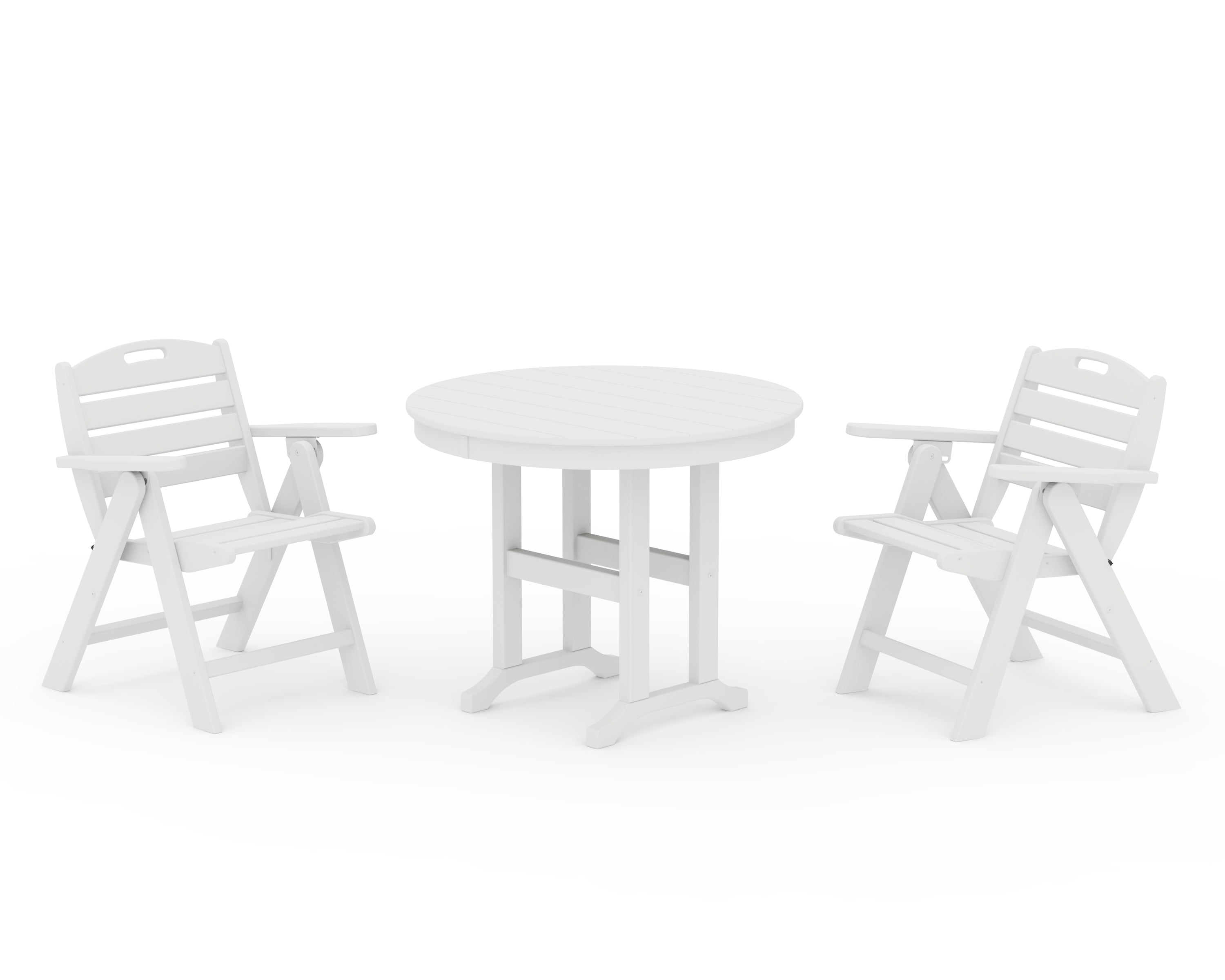 POLYWOOD® Nautical Folding Lowback Chair 3-Piece Round Dining Set in White