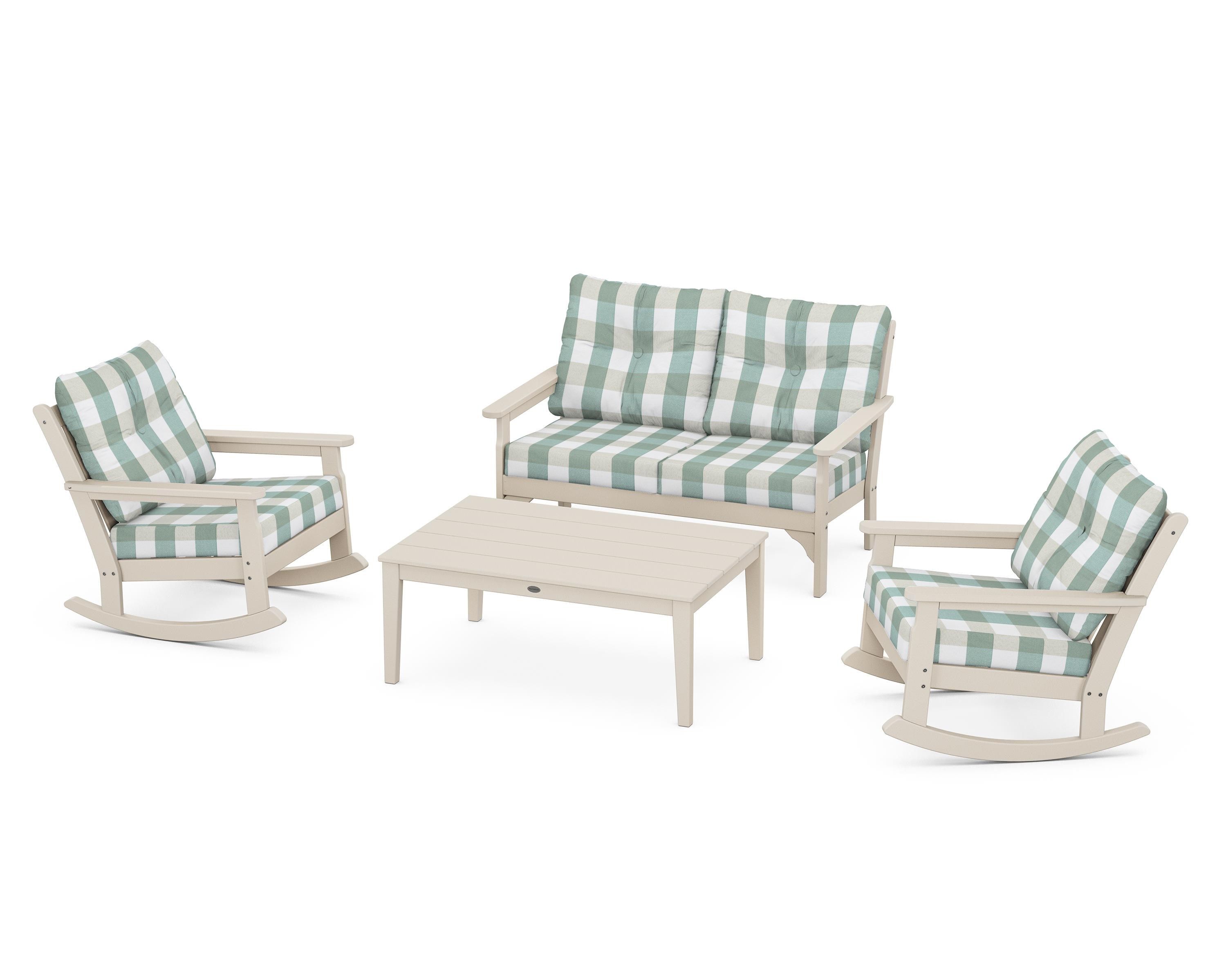POLYWOOD® Vineyard 4-Piece Deep Seating Rocking Chair Set in Sand / Buffalo Plaid Glacier Spa