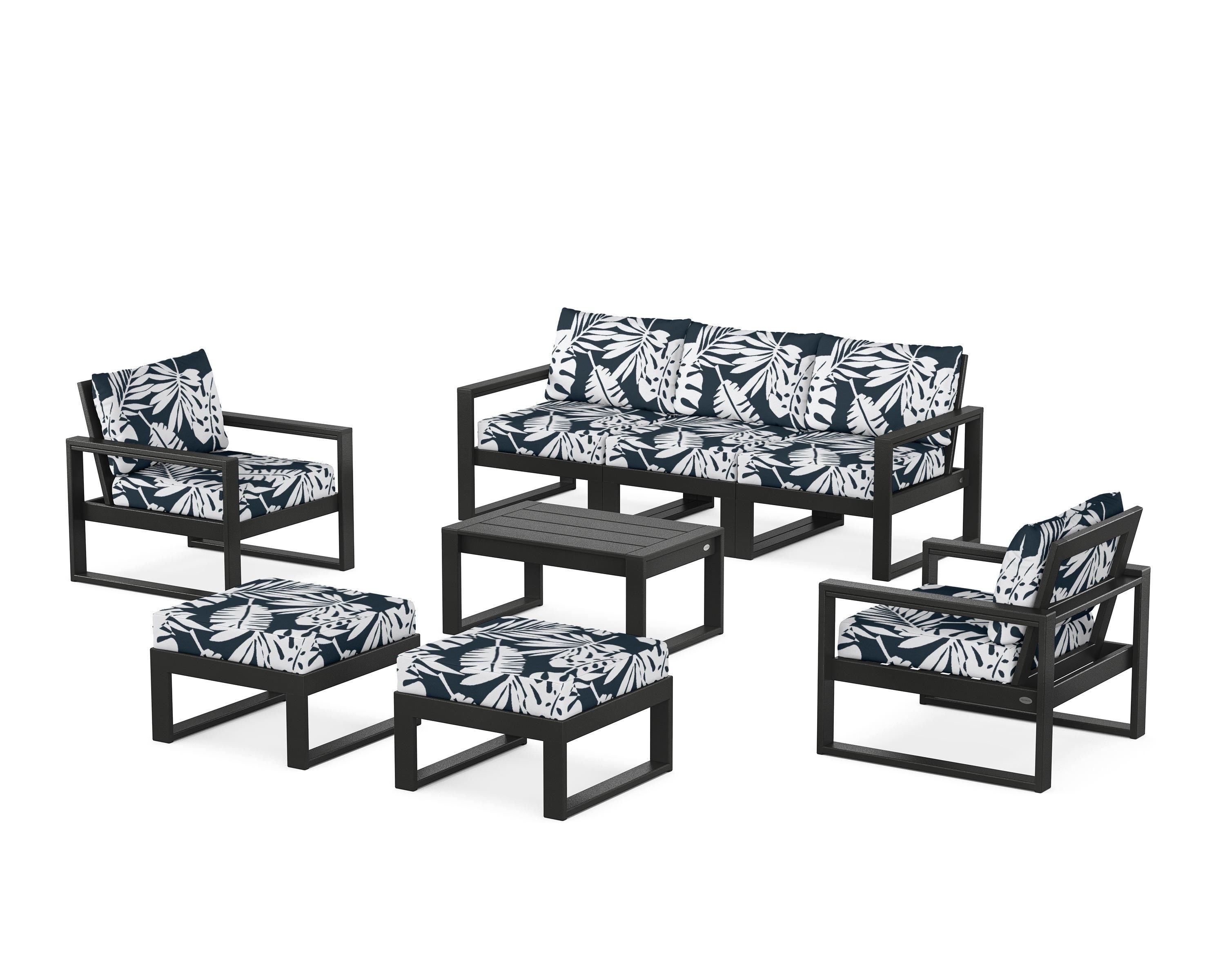 POLYWOOD® EDGE Sectional 8-Piece Lounge Sofa Set in Black / Leaf Marine Indigo