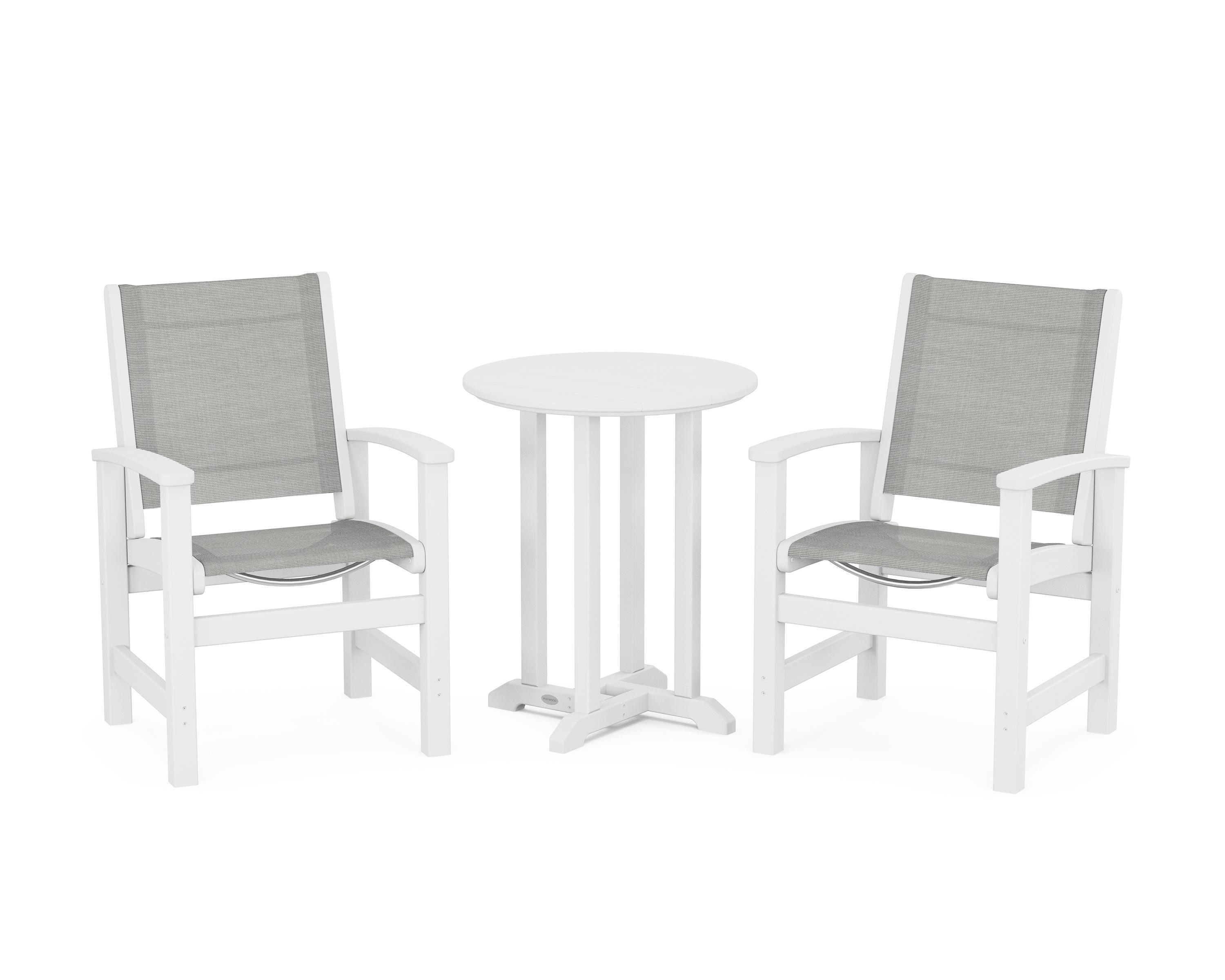 POLYWOOD® Coastal 3-Piece Round Bistro Dining Set in White / Metallic Sling