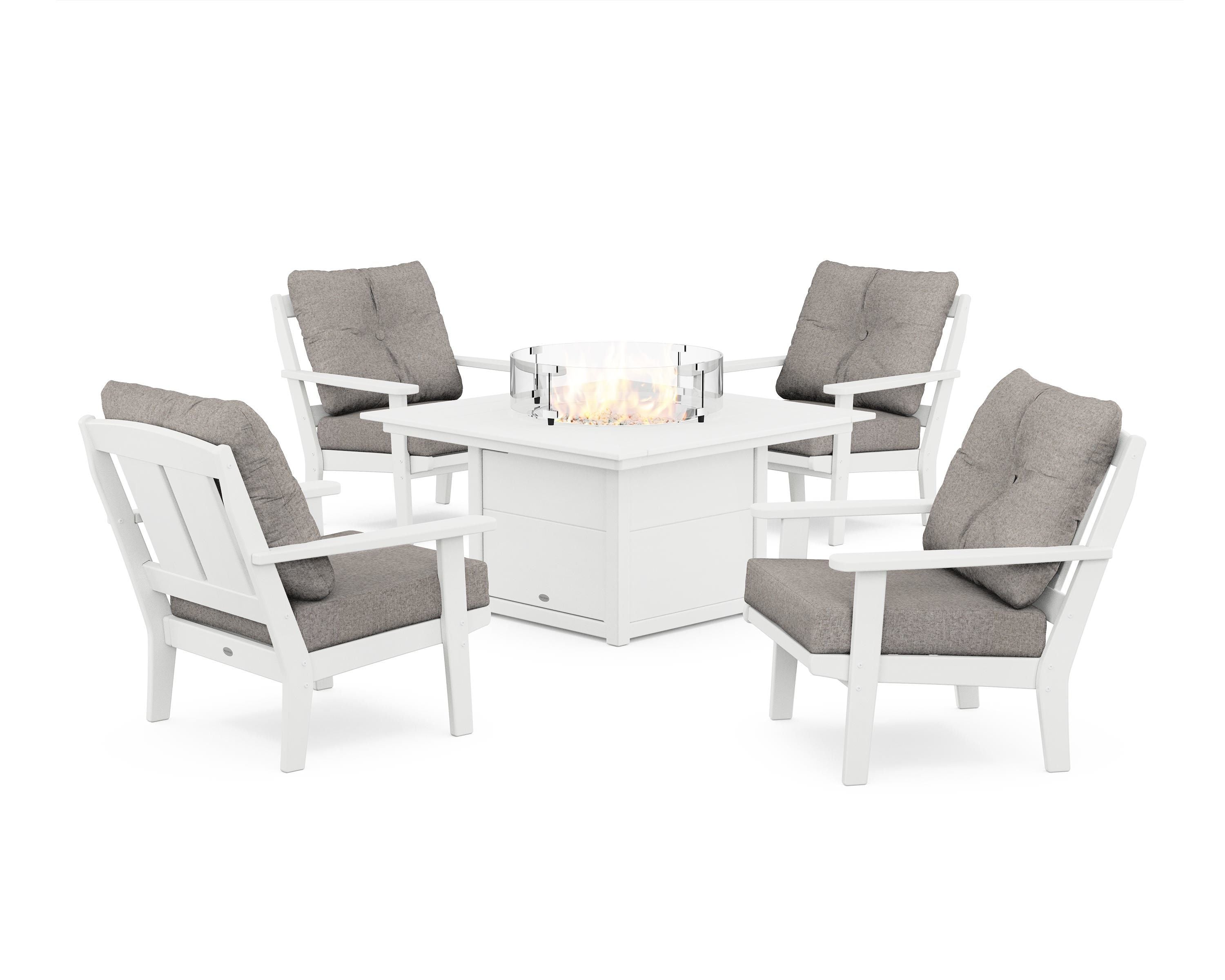 POLYWOOD® Mission 5-Piece Deep Seating Set with Fire Pit Table in White / Weathered Tweed