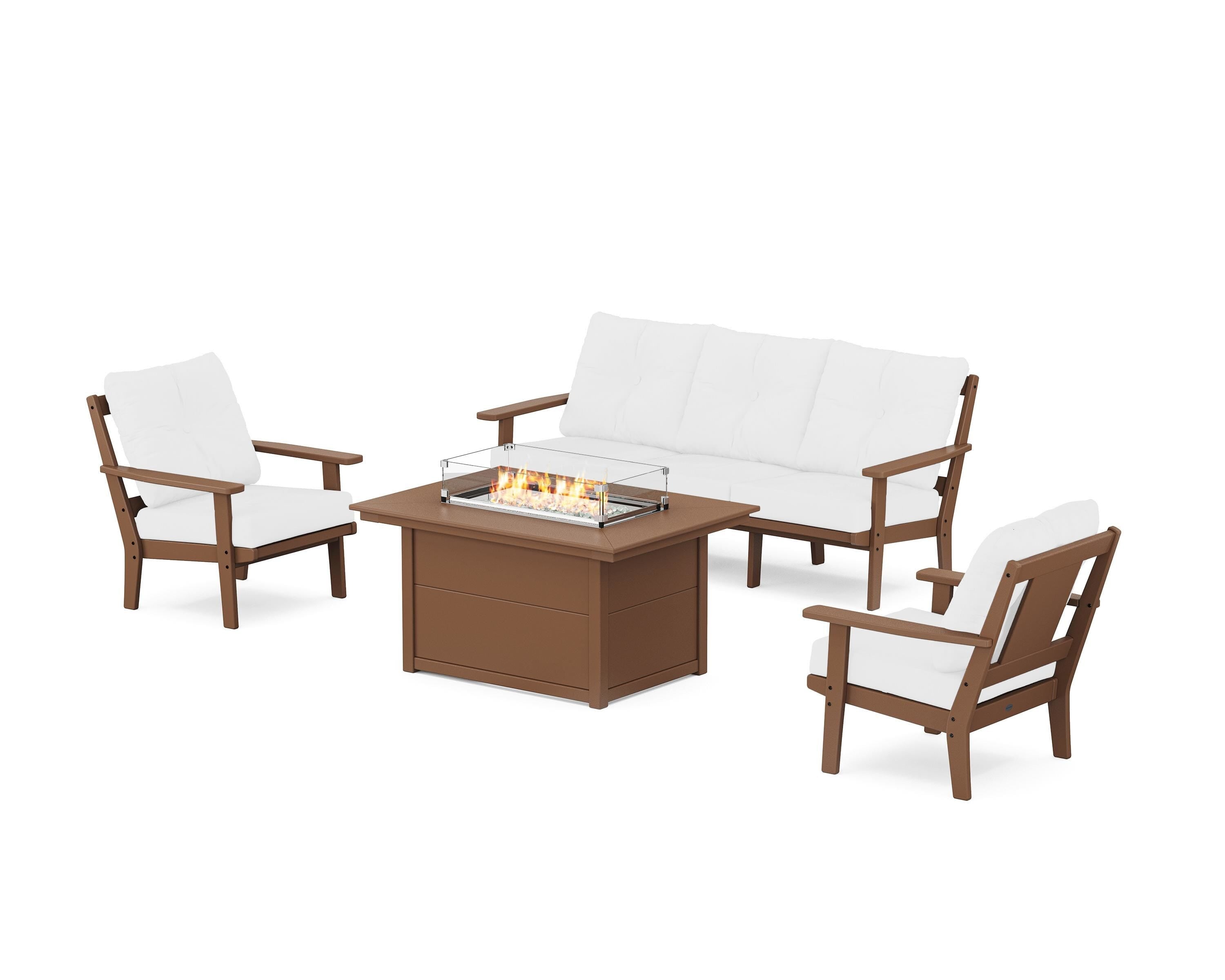 POLYWOOD® Prairie Deep Seating Fire Pit Table Set in Teak / Natural