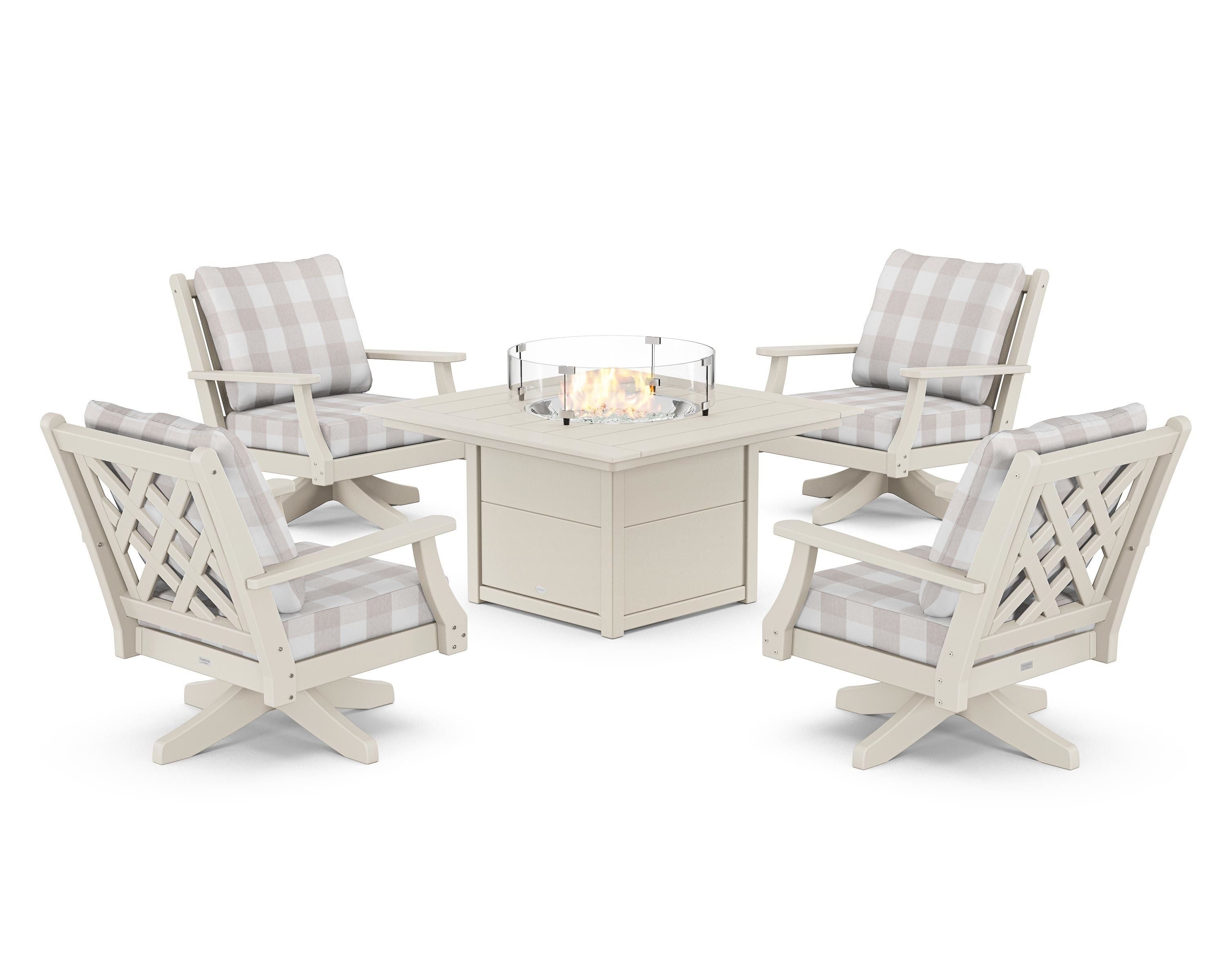 Country Living Wovendale 5-Piece Deep Seating Swivel Conversation Set with Fire Pit Table in Sand / Buffalo Plaid Dune Burlap