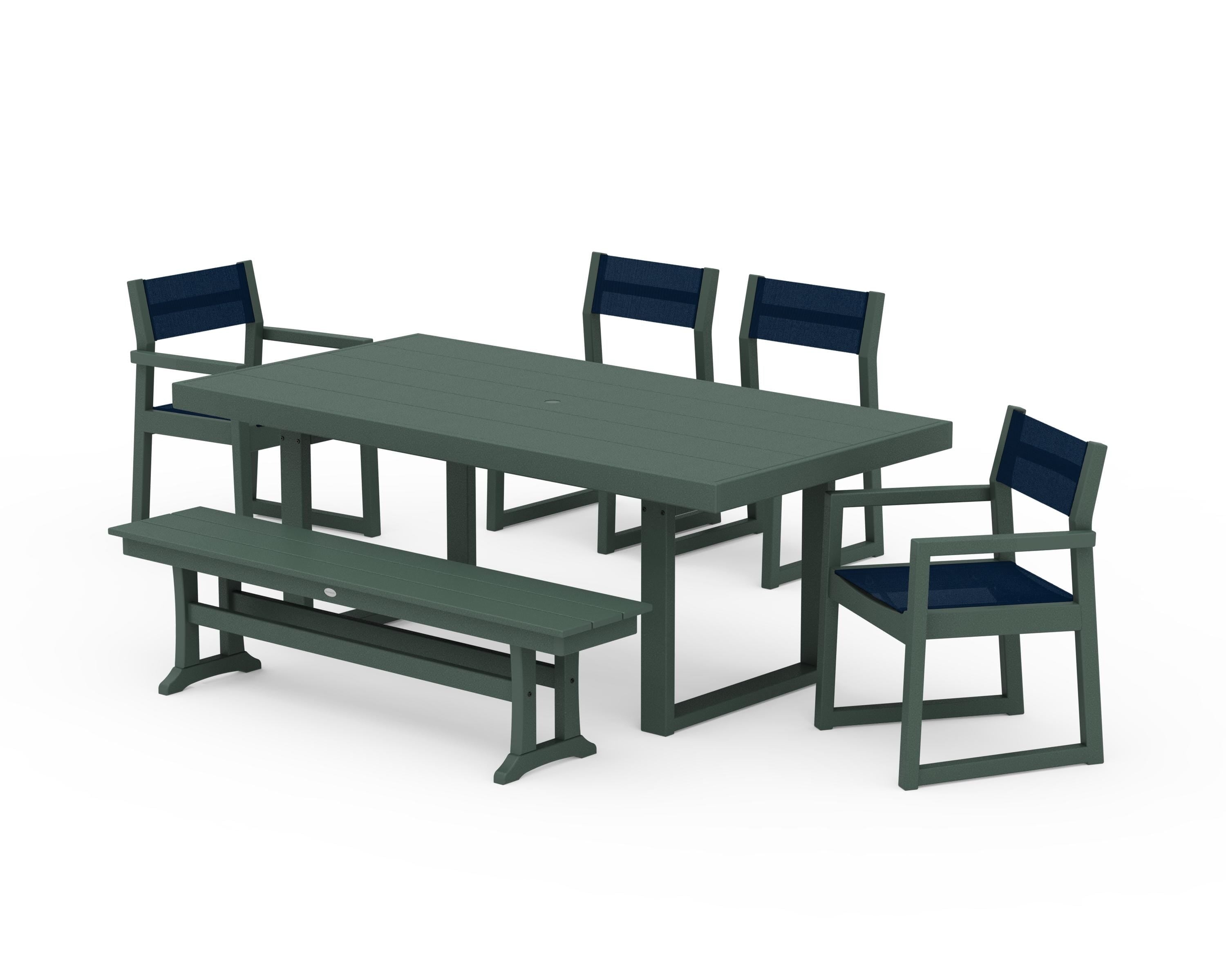 POLYWOOD® EDGE Sling 6-Piece Dining Set with Bench in Green / Navy Blue Sling