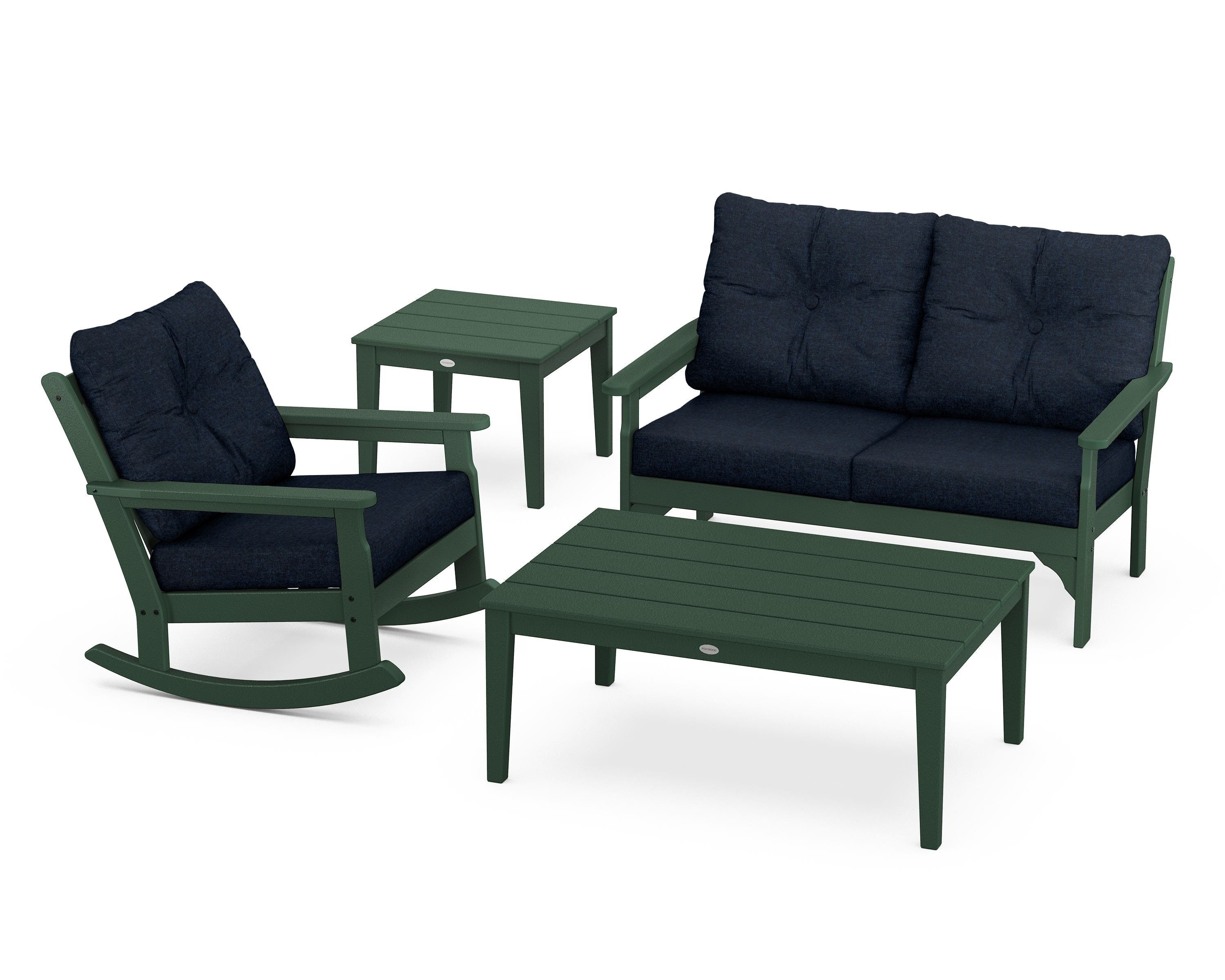 POLYWOOD® Vineyard 4-Piece Deep Seating Rocker Set in Green / Marine Indigo
