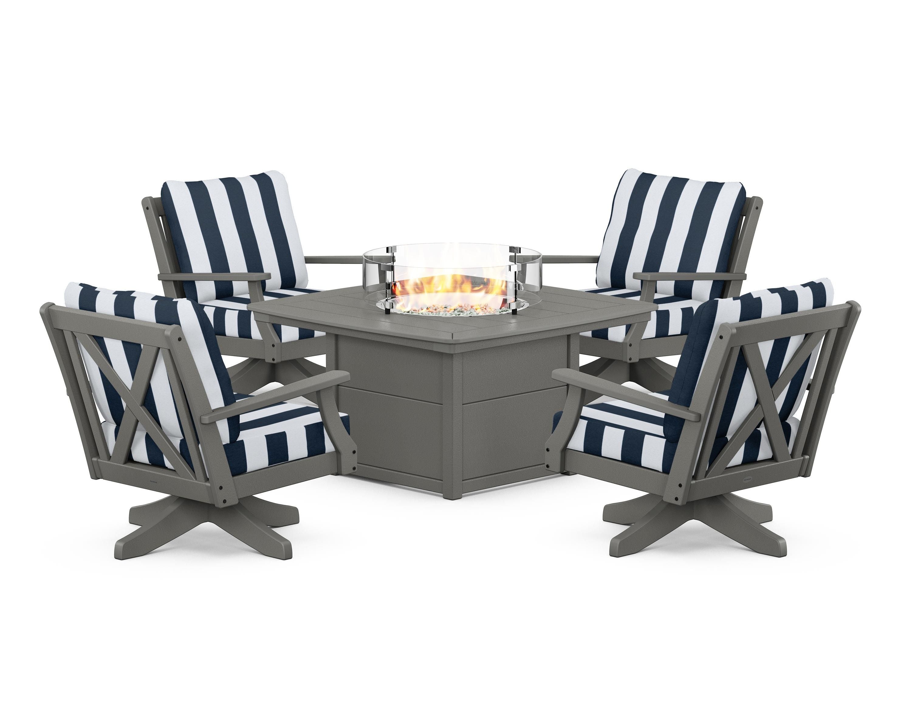 POLYWOOD® Braxton 5-Piece Deep Seating Swivel Conversation Set with Fire Pit Table in Slate Grey / Cabana Stripe Marine Indigo