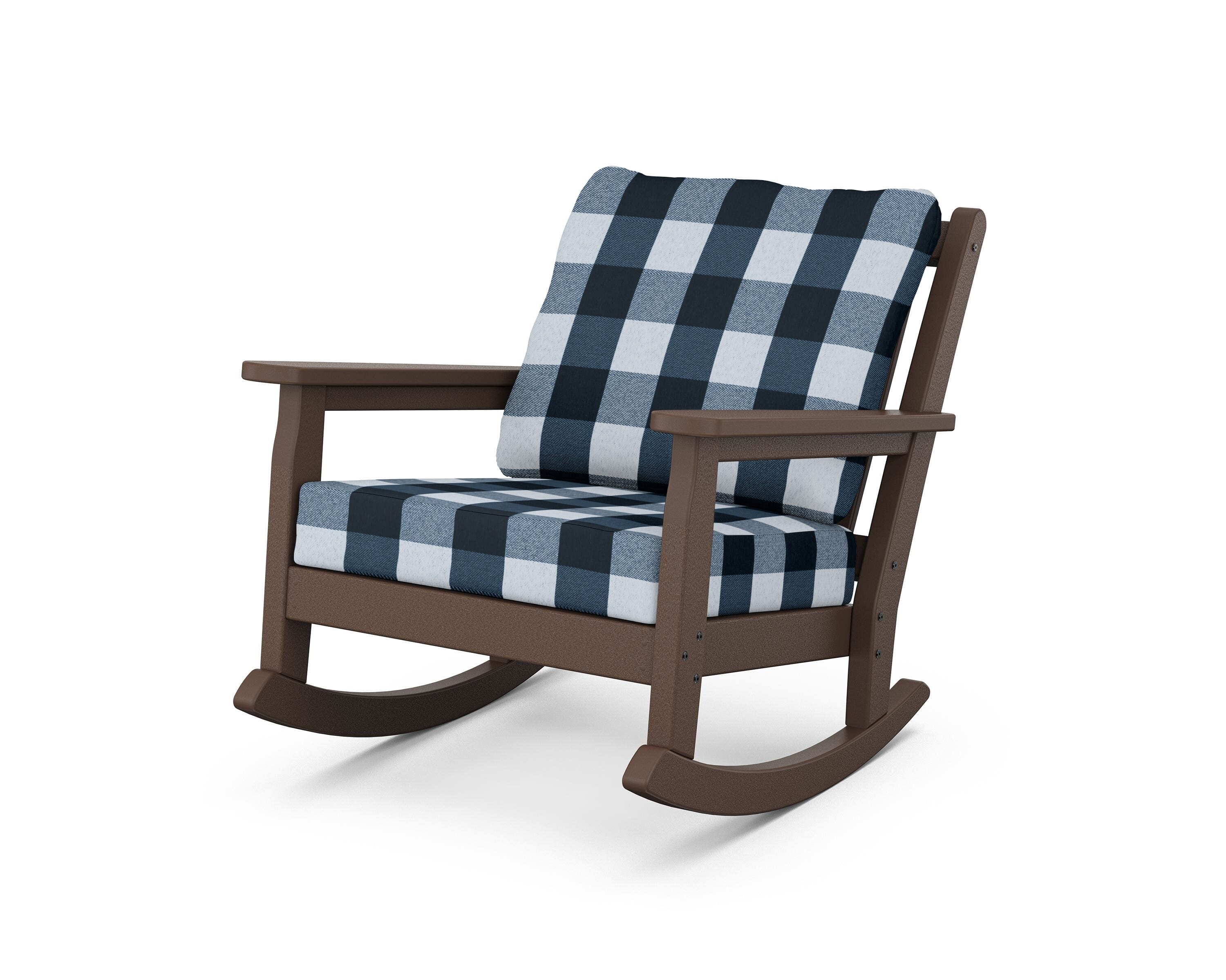 POLYWOOD® Chippendale Deep Seating Rocking Chair in Mahogany / Buffalo Plaid Marine Indigo