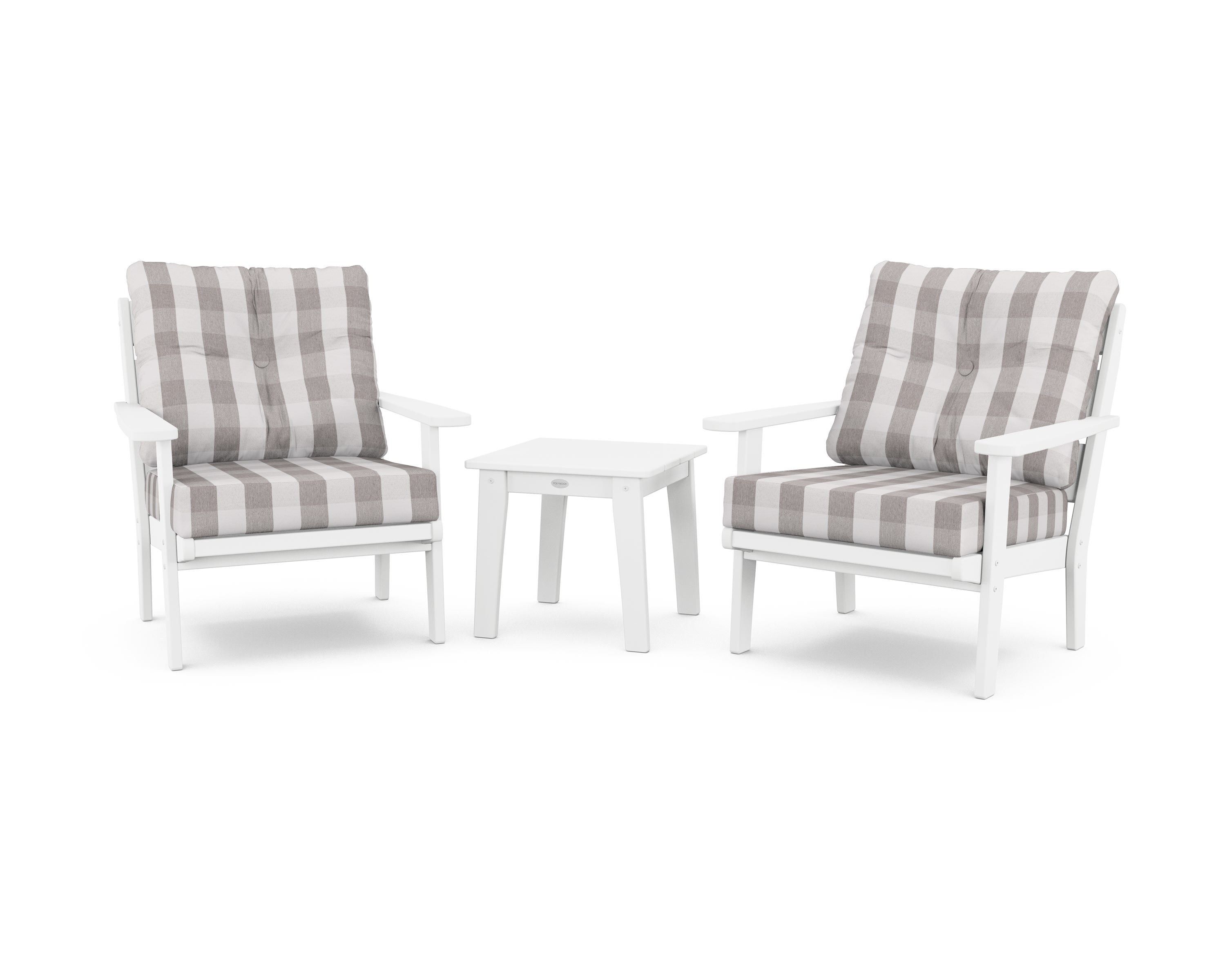 POLYWOOD® Lakeside 3-Piece Deep Seating Chair Set in White / Buffalo Plaid Grey Mist
