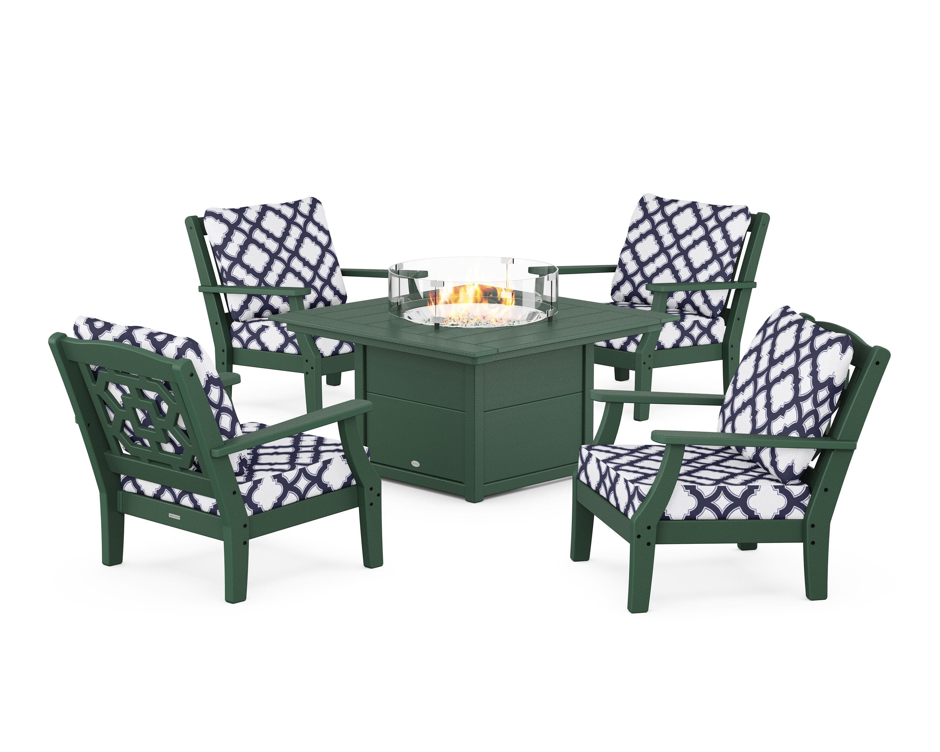 Martha Stewart by POLYWOOD® Chinoiserie 5-Piece Deep Seating Set with Fire Pit Table in Green / Trellis Navy
