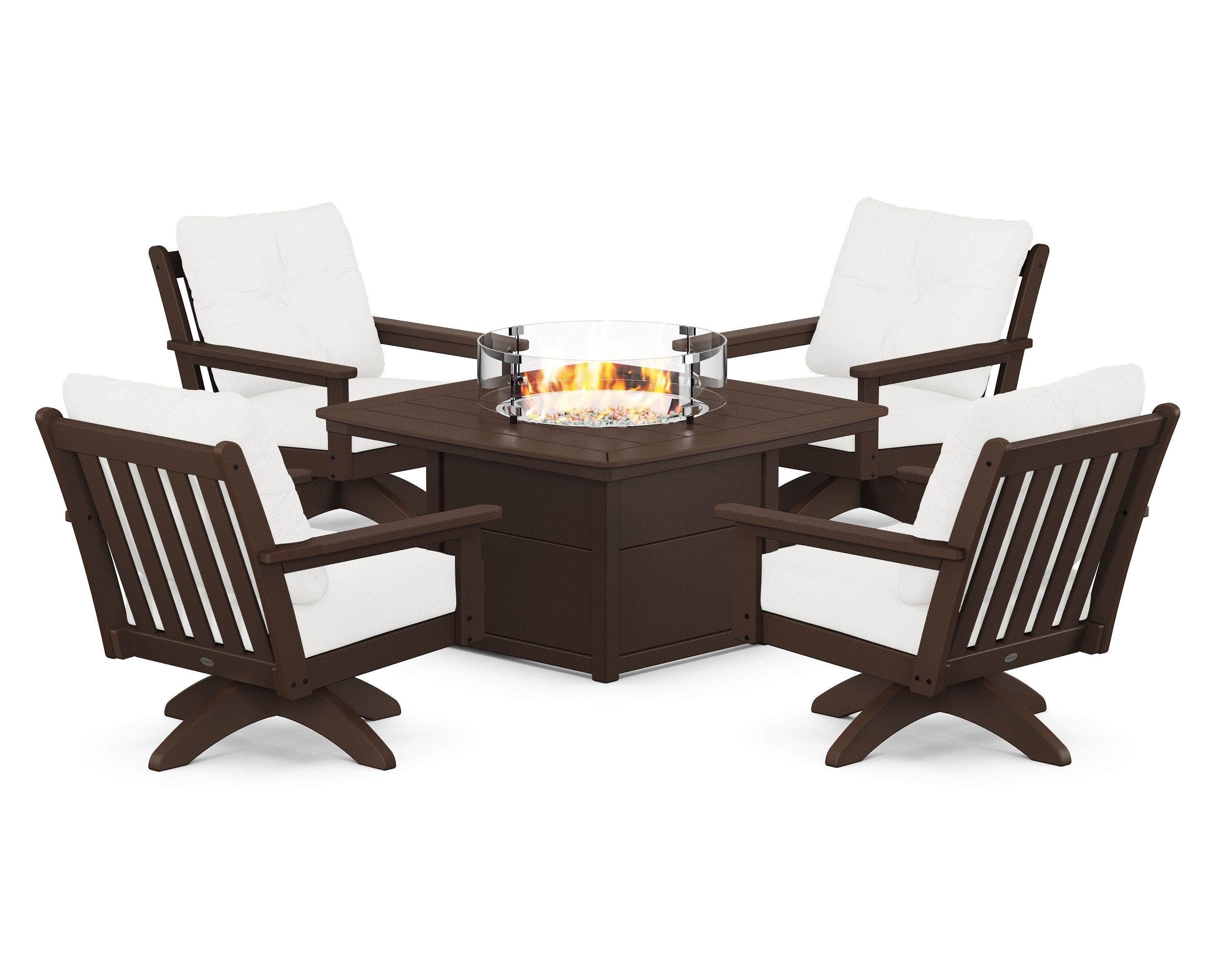 POLYWOOD® Vineyard 5-Piece Deep Seating Swivel Conversation Set with Fire Pit Table in Mahogany / Natural Linen