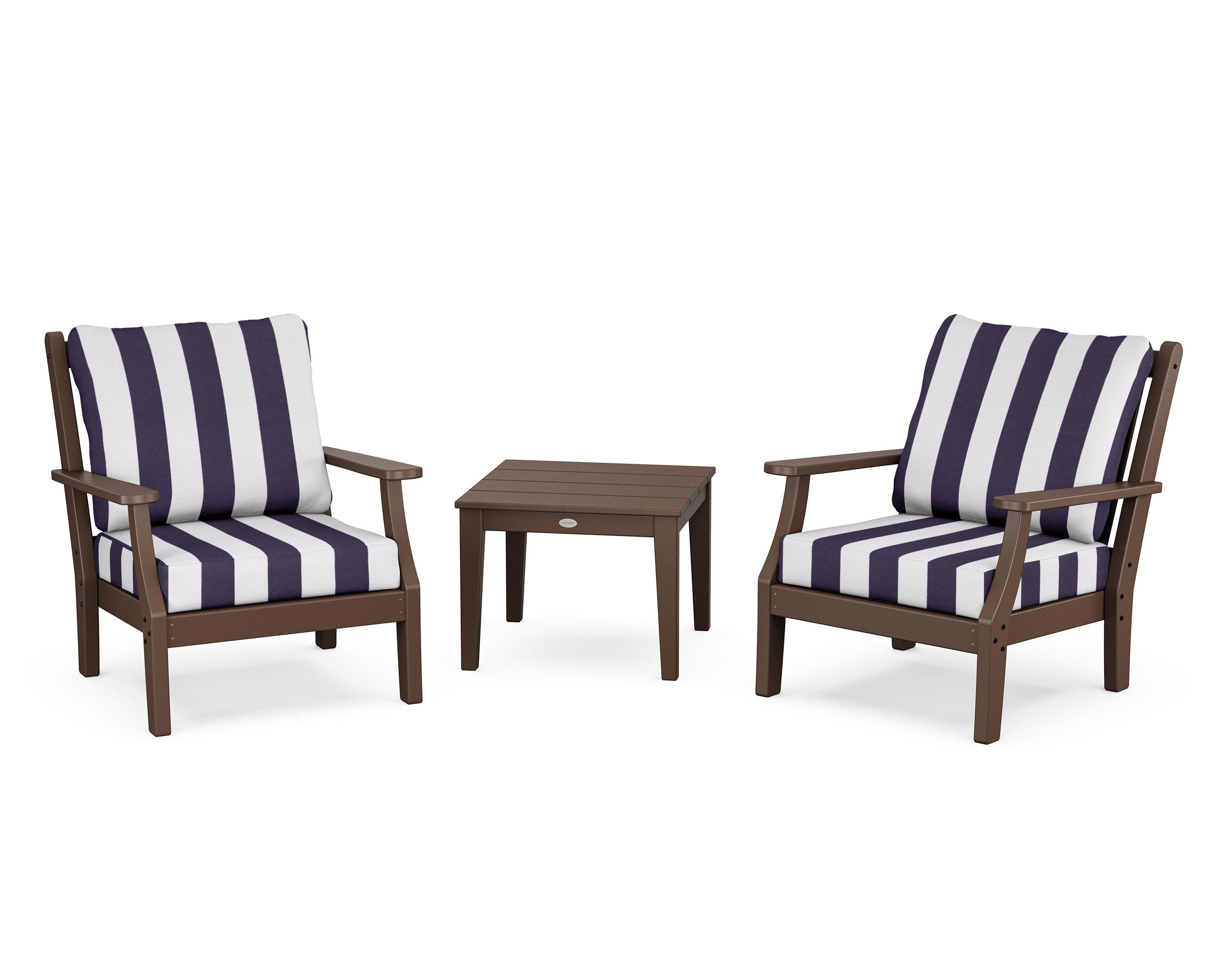 Country Living Wovendale 3-Piece Deep Seating Set in Mahogany / Cabana Stripe Navy
