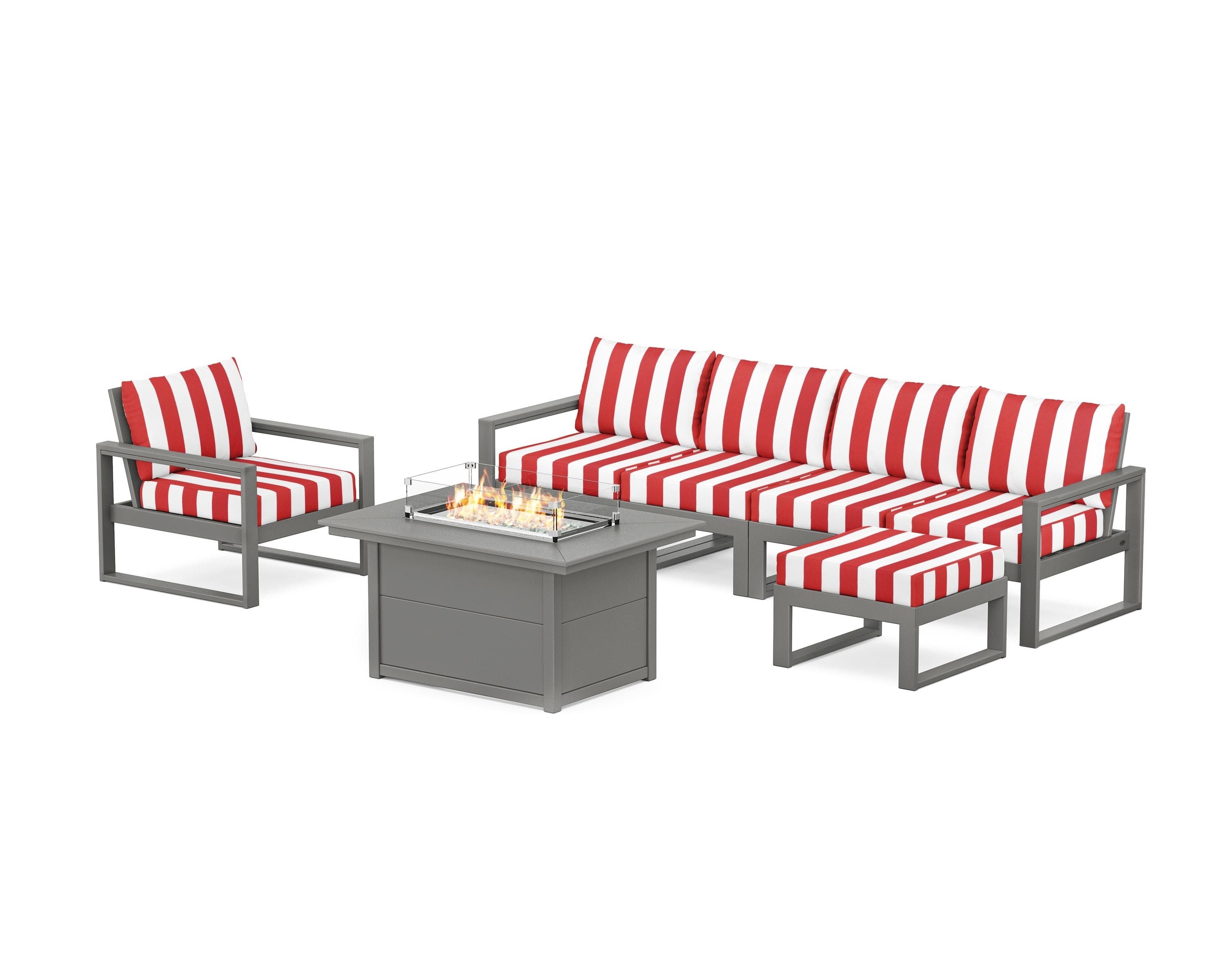 POLYWOOD® EDGE Sectional Lounge and Fire Pit Set in Slate Grey / Cabana Stripe Crimson