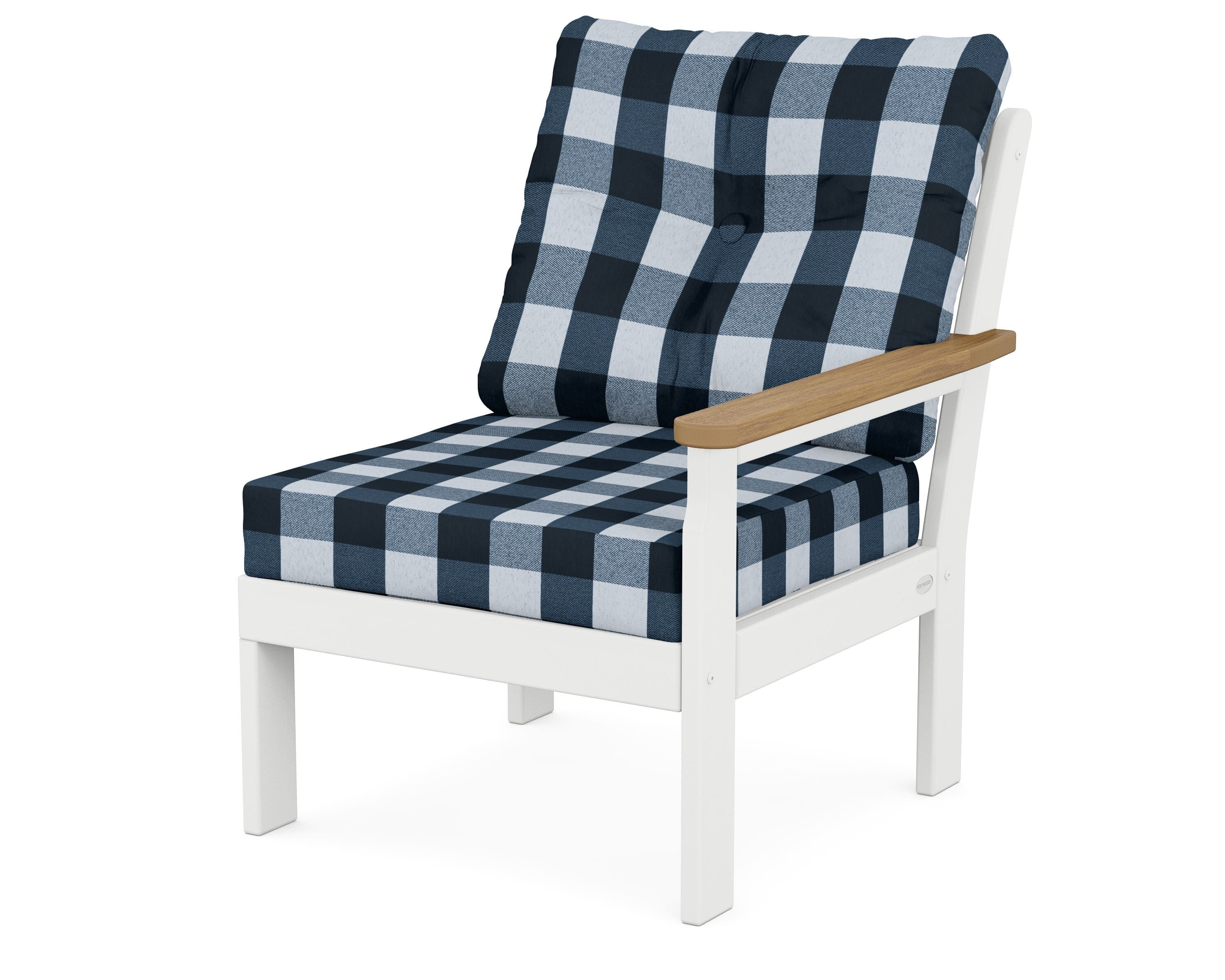 POLYWOOD® Vineyard Modular Right Arm Chair in White / Natural / Buffalo Plaid Marine Indigo
