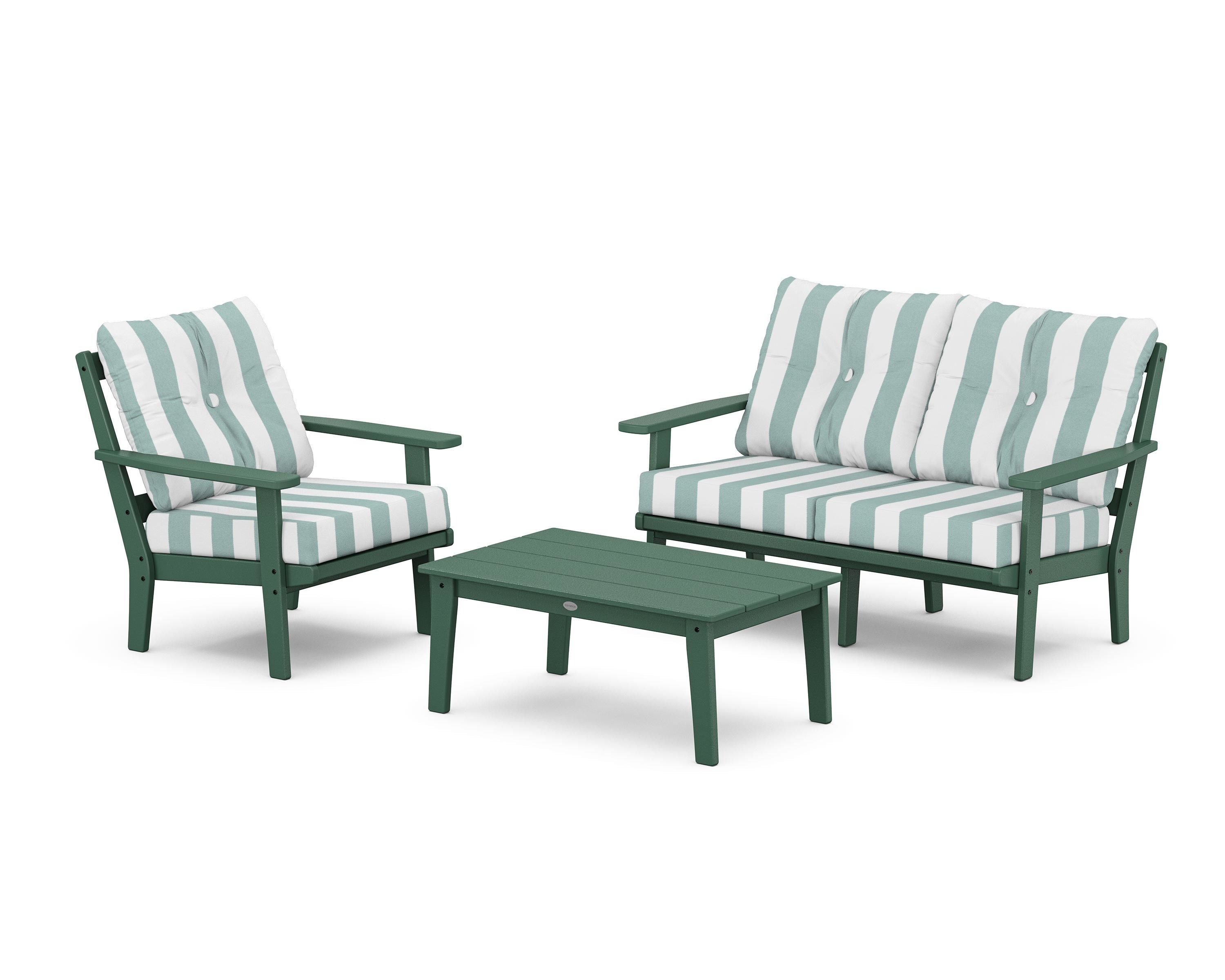 POLYWOOD® Prairie 3-Piece Deep Seating Set with Loveseat in Green / Cabana Stripe Glacier Spa