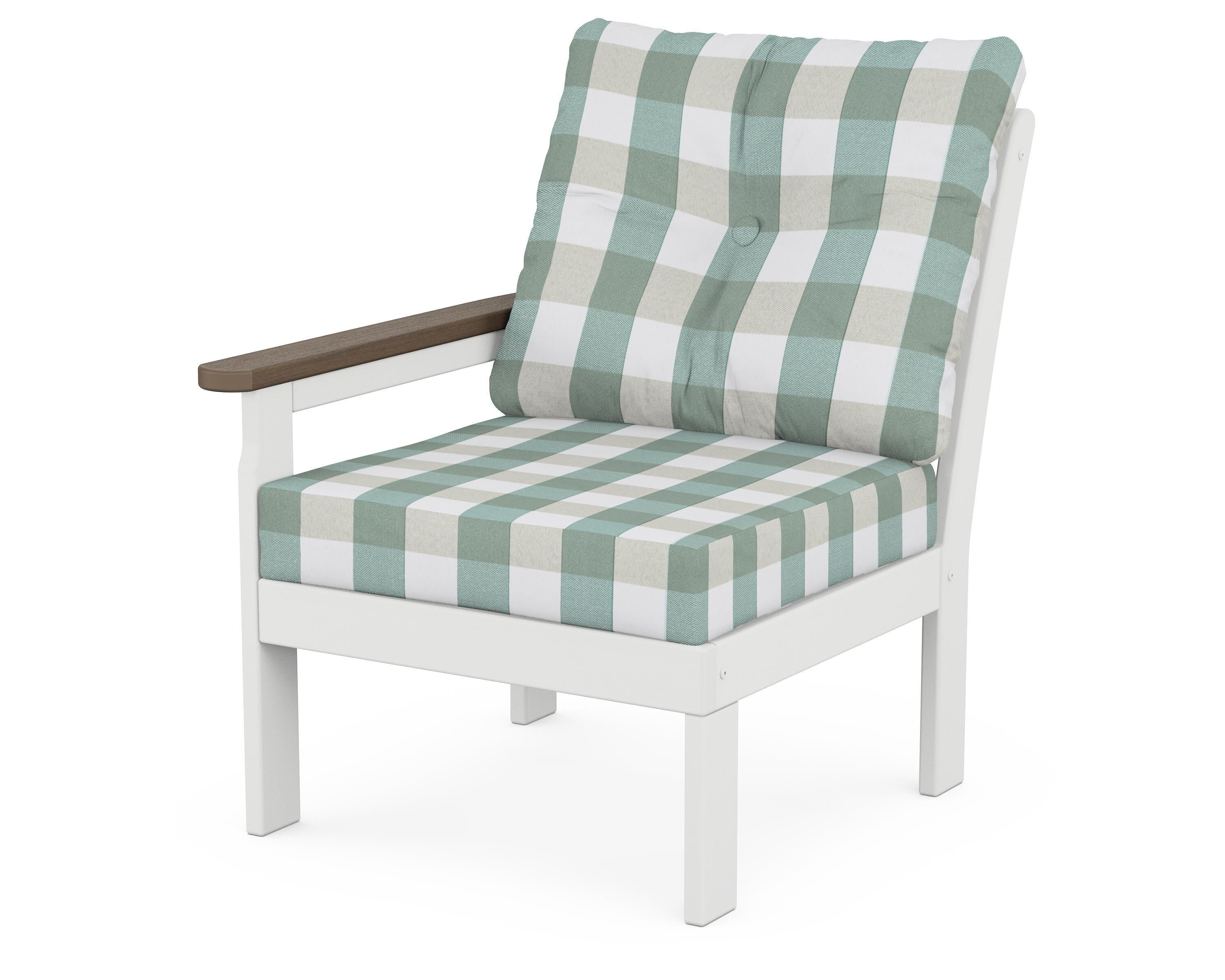 POLYWOOD® Vineyard Modular Left Arm Chair in White / Kona / Buffalo Plaid Glacier Spa