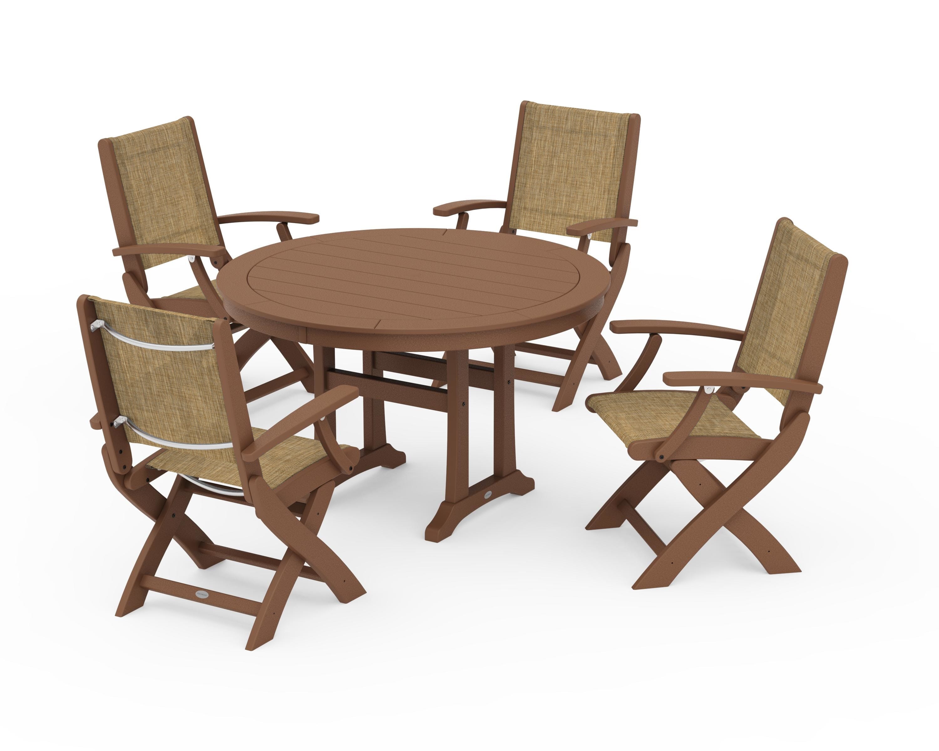 POLYWOOD® Coastal Folding Chair 5-Piece Round Dining Set with Trestle Legs in Teak / Burlap Sling