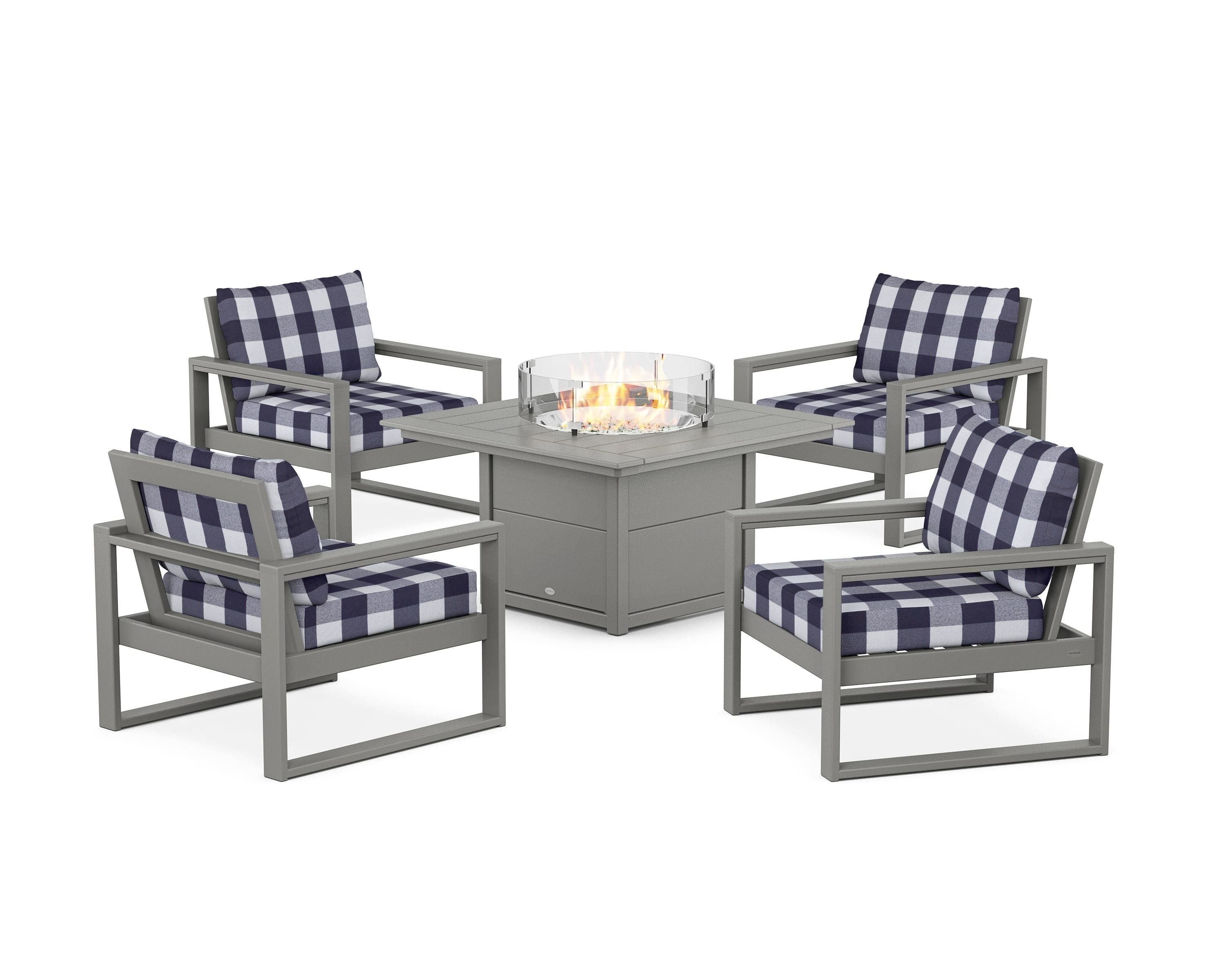 POLYWOOD® EDGE Sectional 5-Piece Deep Seating Set with Fire Pit Table in Slate Grey / Buffalo Plaid Navy