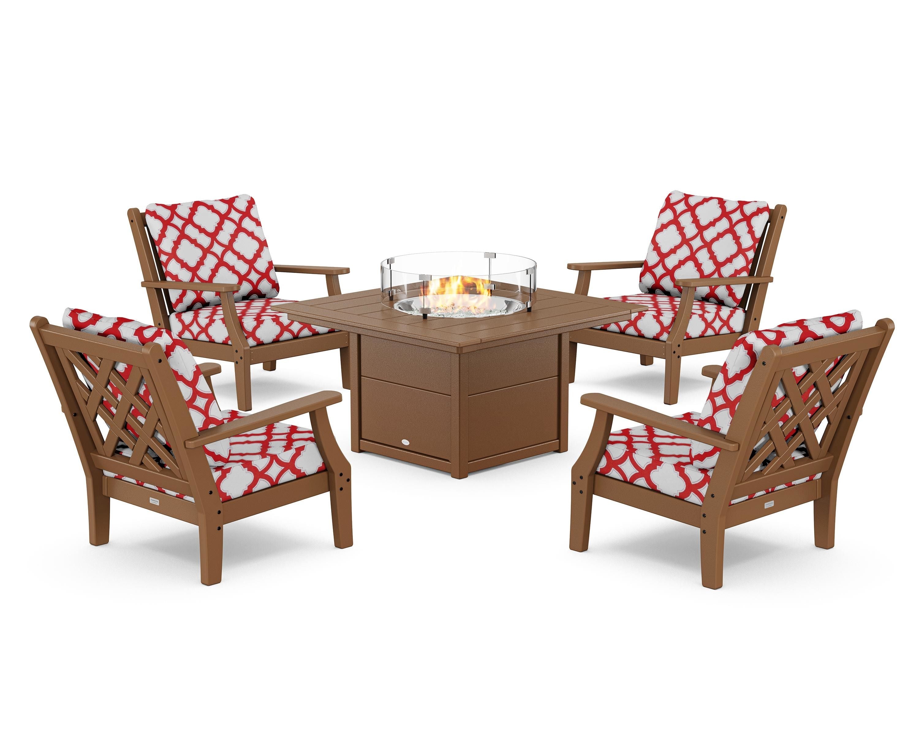 Country Living Wovendale 5-Piece Deep Seating Set with Fire Pit Table in Teak / Trellis Crimson