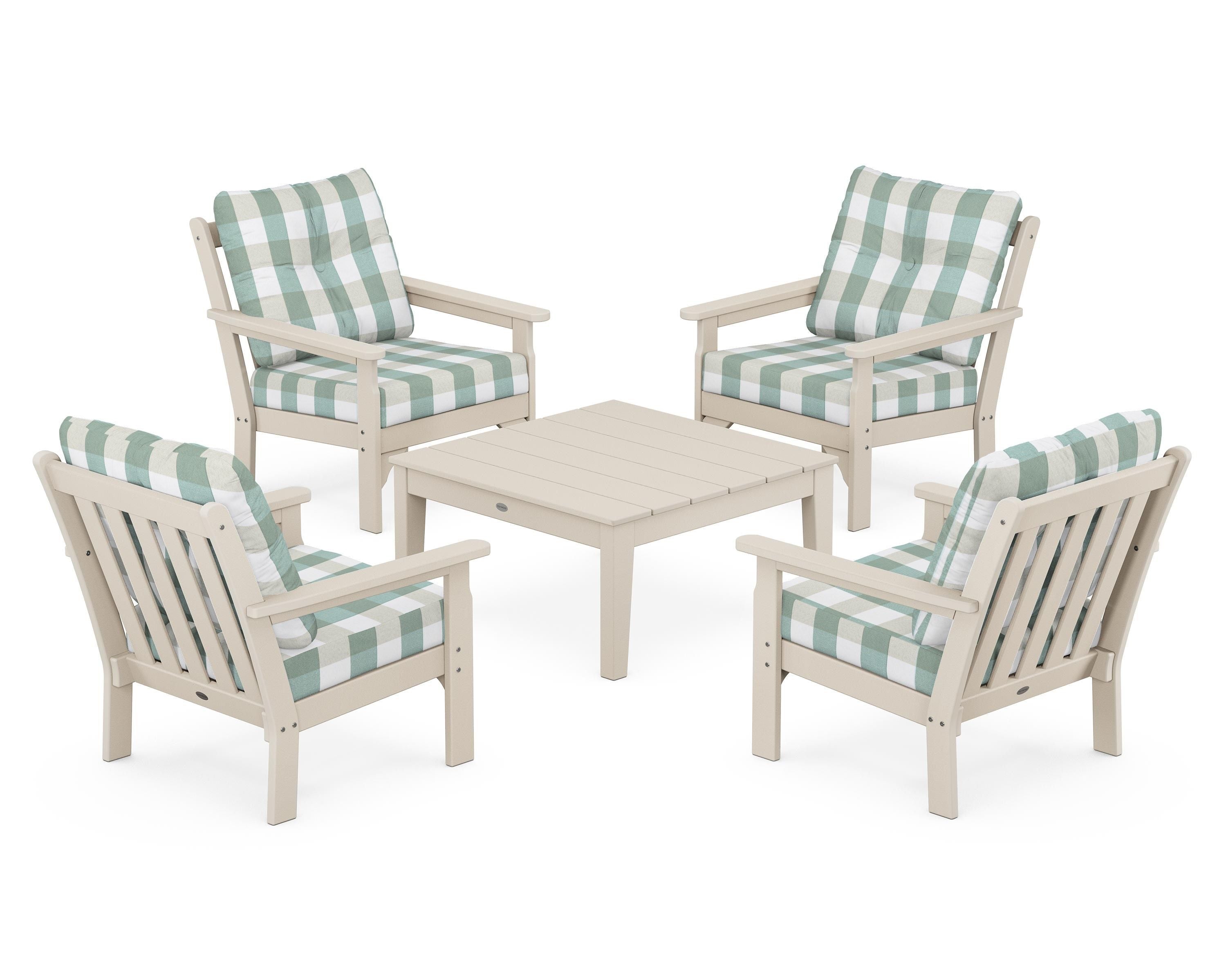POLYWOOD® Vineyard 5-Piece Deep Seating Conversation Set in Sand / Buffalo Plaid Glacier Spa