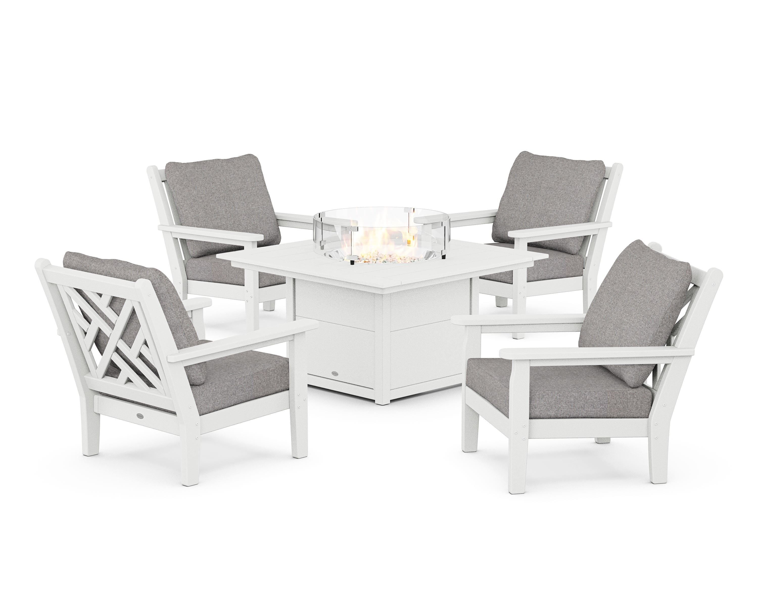POLYWOOD® Chippendale 5-Piece Deep Seating Set with Fire Pit Table in White / Grey Mist