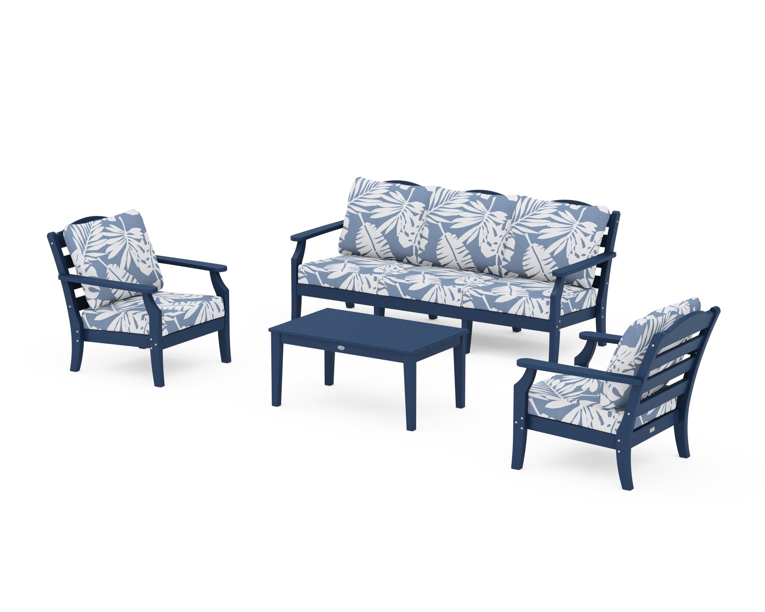 Draper James™ by POLYWOOD® Savannah 4-Piece Deep Seating Set with Sofa in Navy / Leaf Sky Blue